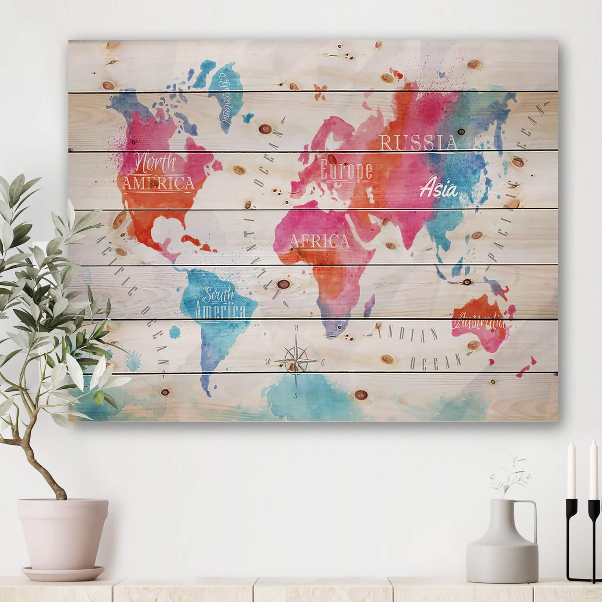 Designart - World Map In Pink and Blue - Modern Print on Natural Pine Wood