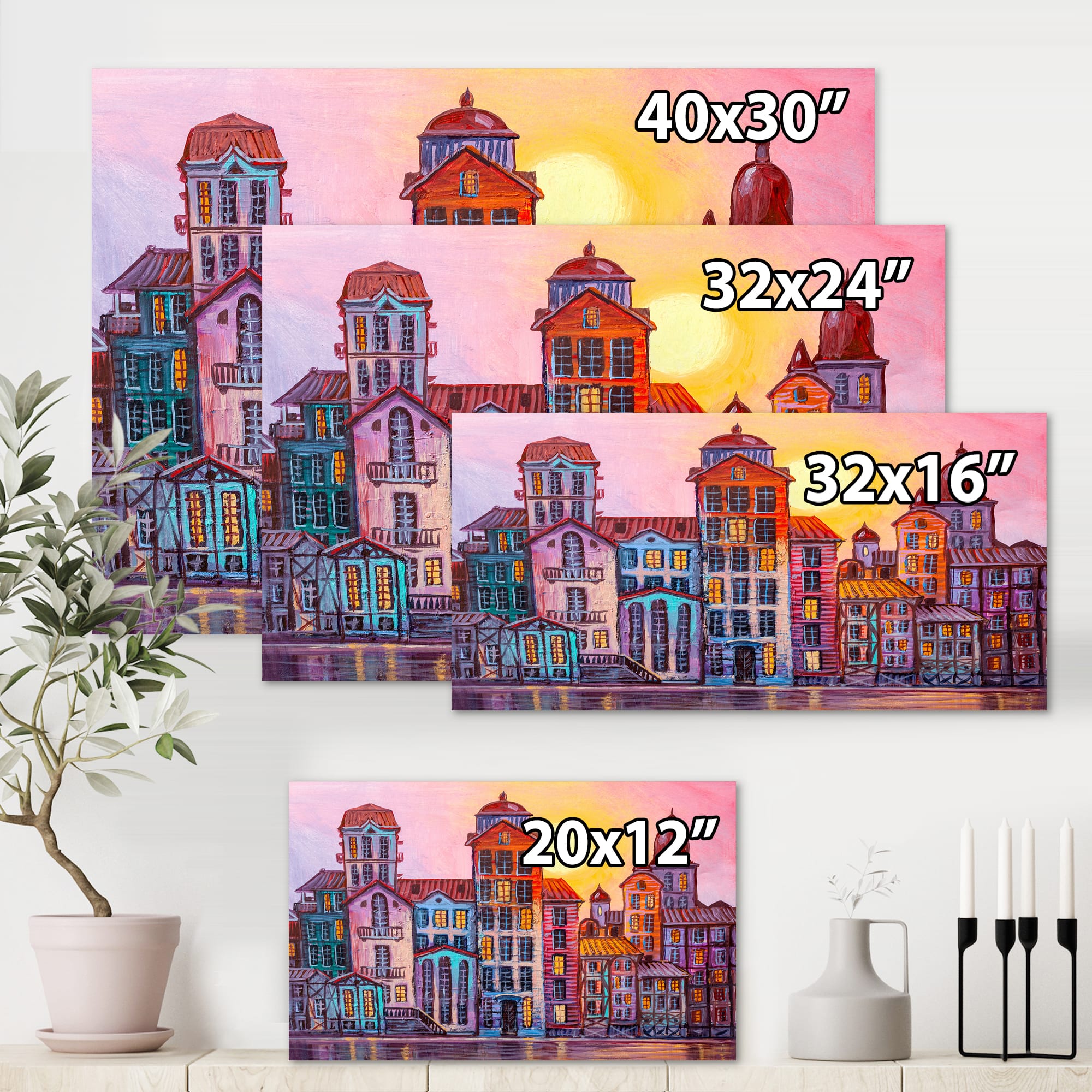 Designart - Street Scene In Old Town With Colorful Buildings - Mid-Century Modern Canvas Wall Art Print