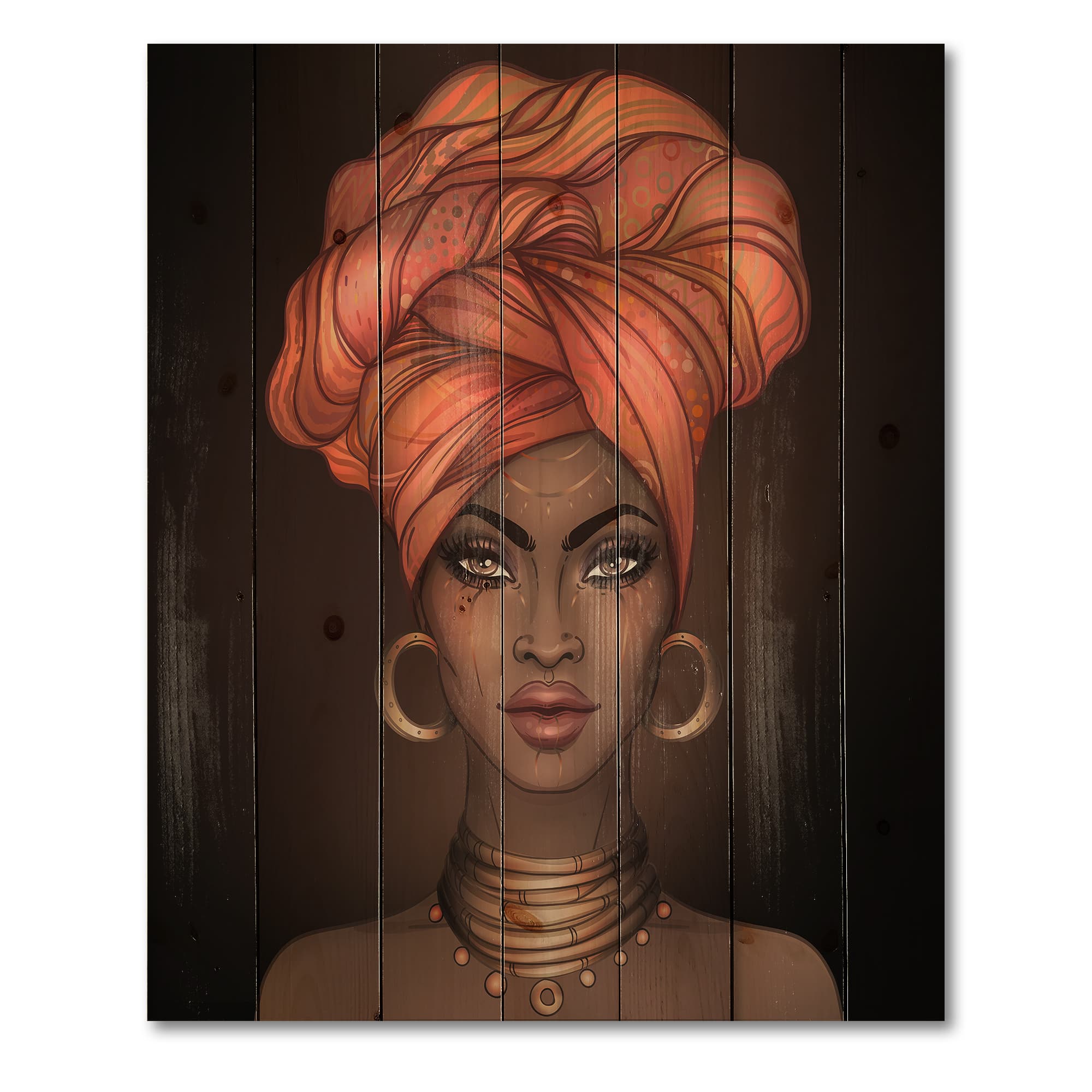 Designart - African American Woman with Turban V - Modern Print on Natural Pine Wood