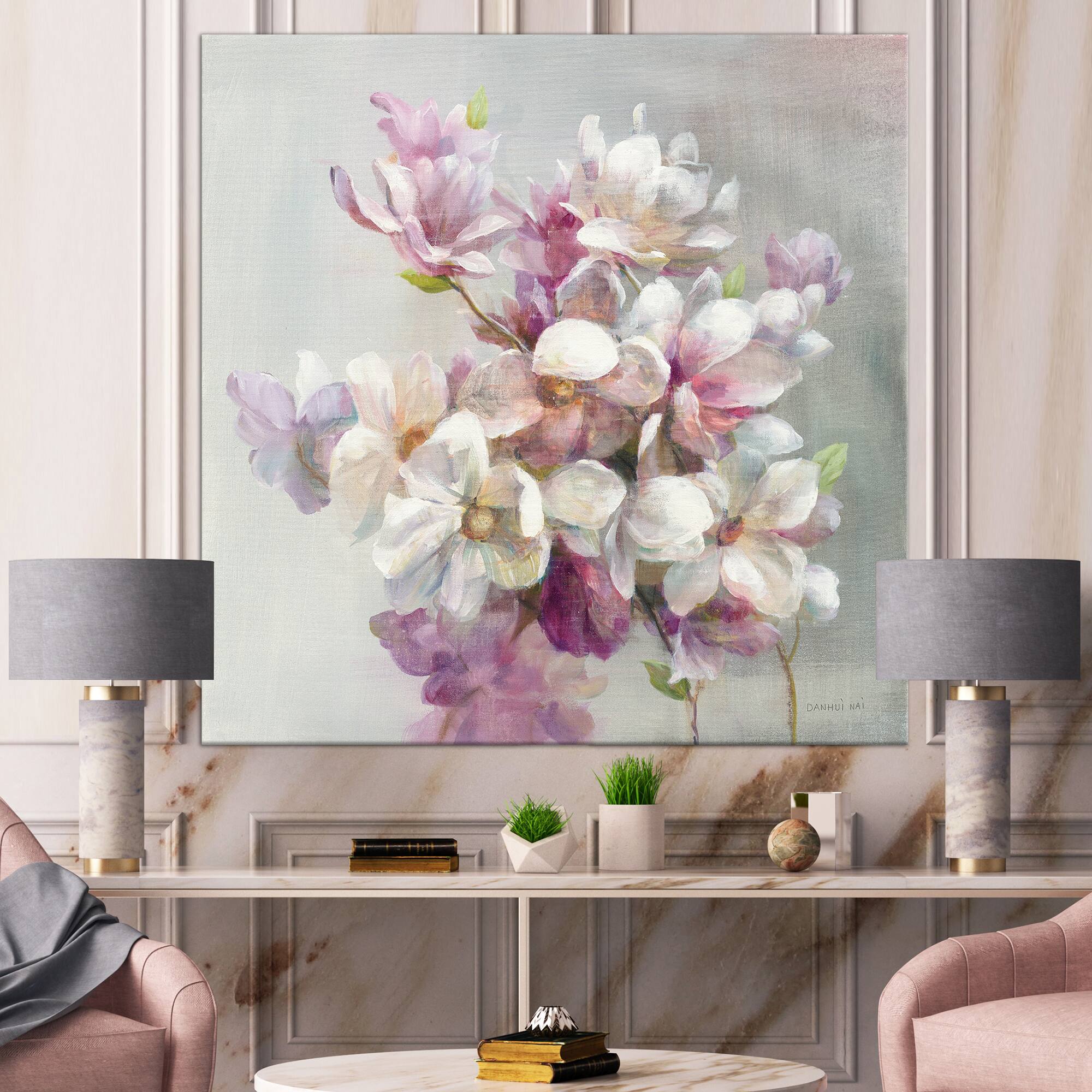 Designart - Pink Magnolia Flowers - Shabby Chic Canvas Art
