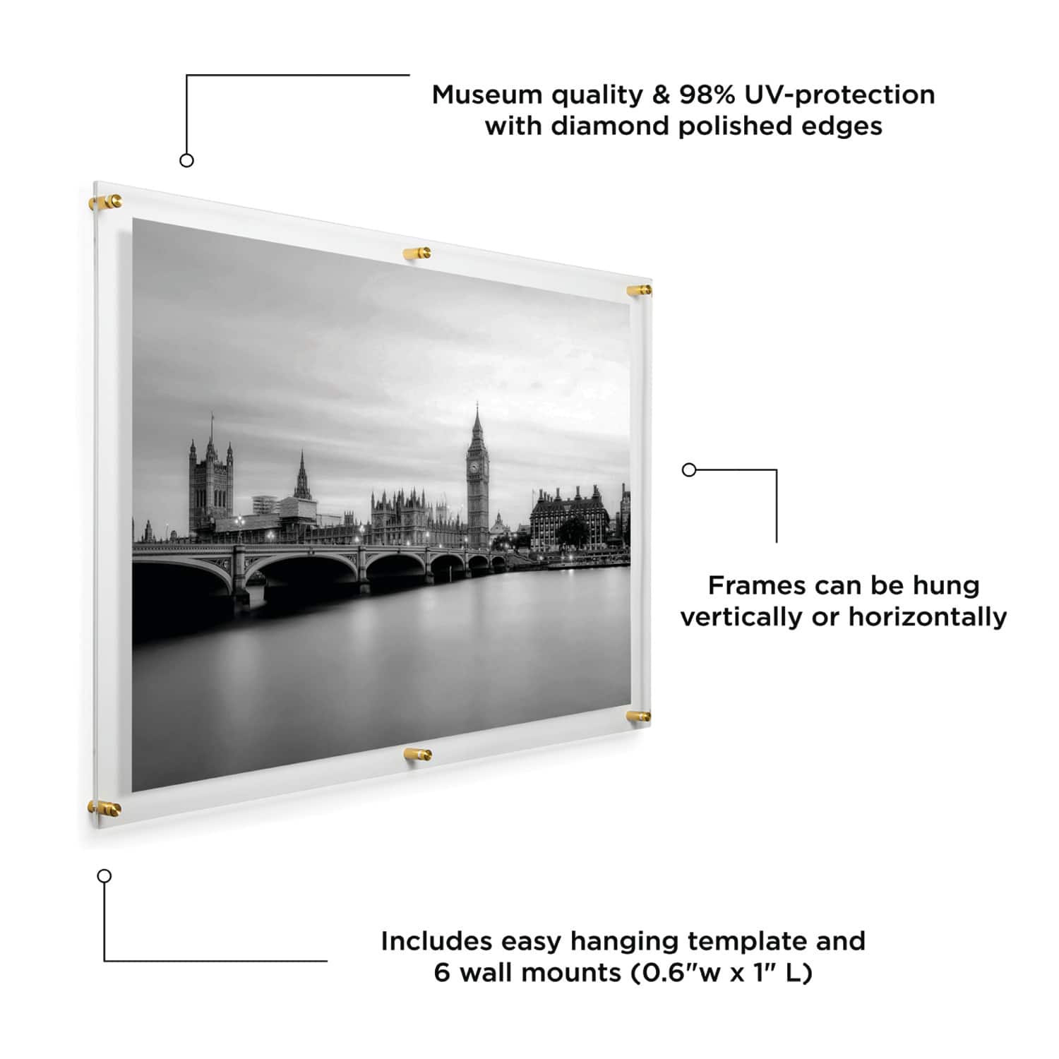 Wexel Art Double Panel Clear Acrylic Floating Wall Frame with Gold Hardware