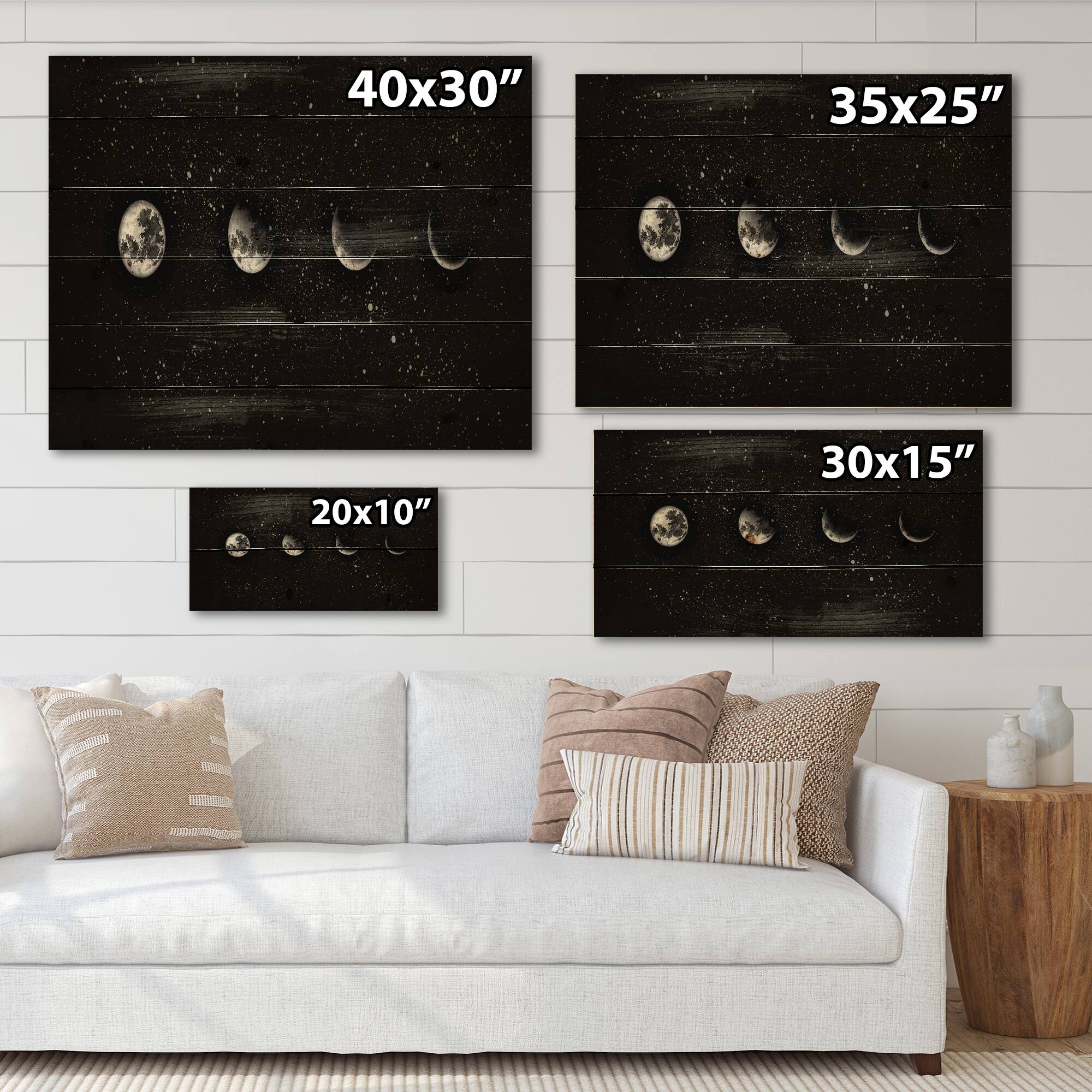 Designart - Moon Phases In The Night Sky - Modern Print on Natural Pine Wood