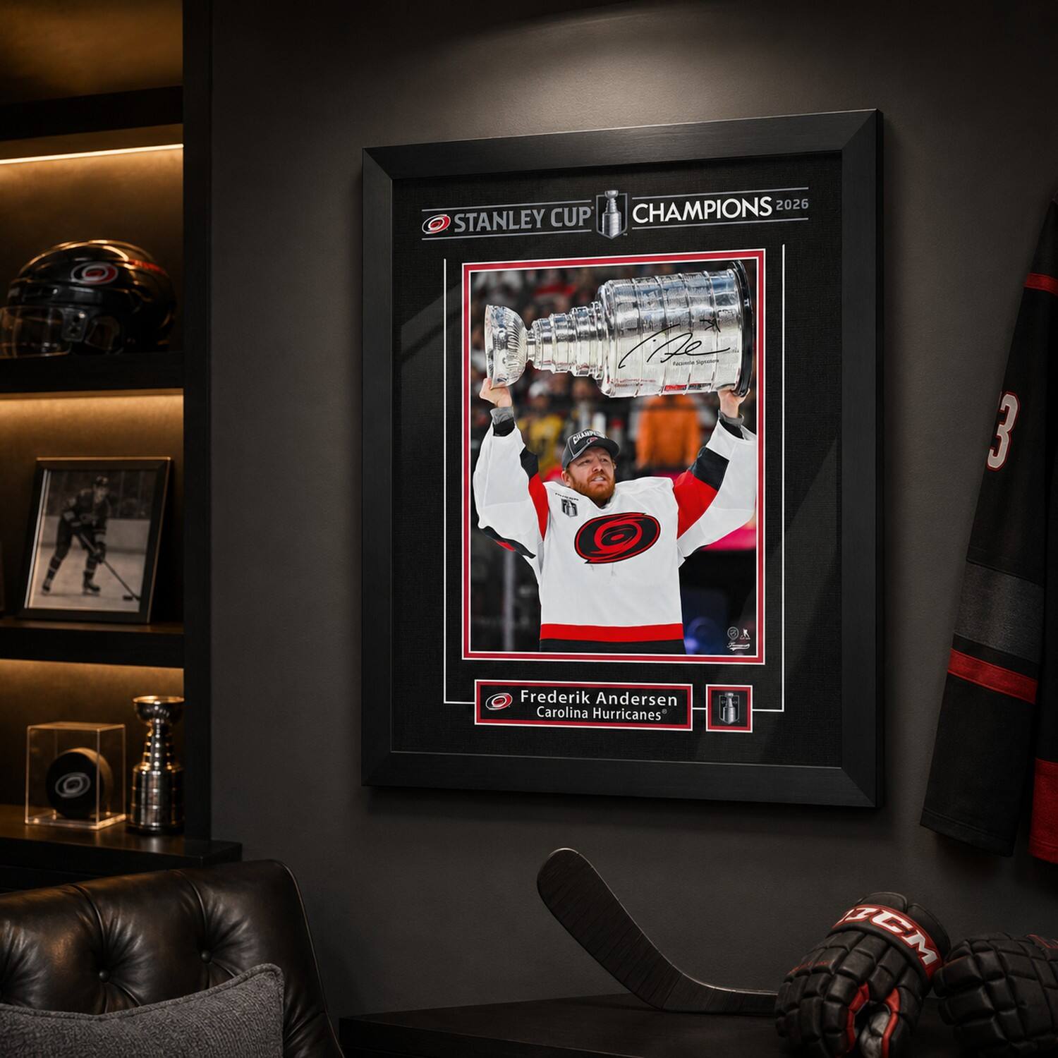 Frameworth 16" x 20" Licensed Frederik Andersen Hurricanes 2026 Champions Replica Signature Frame