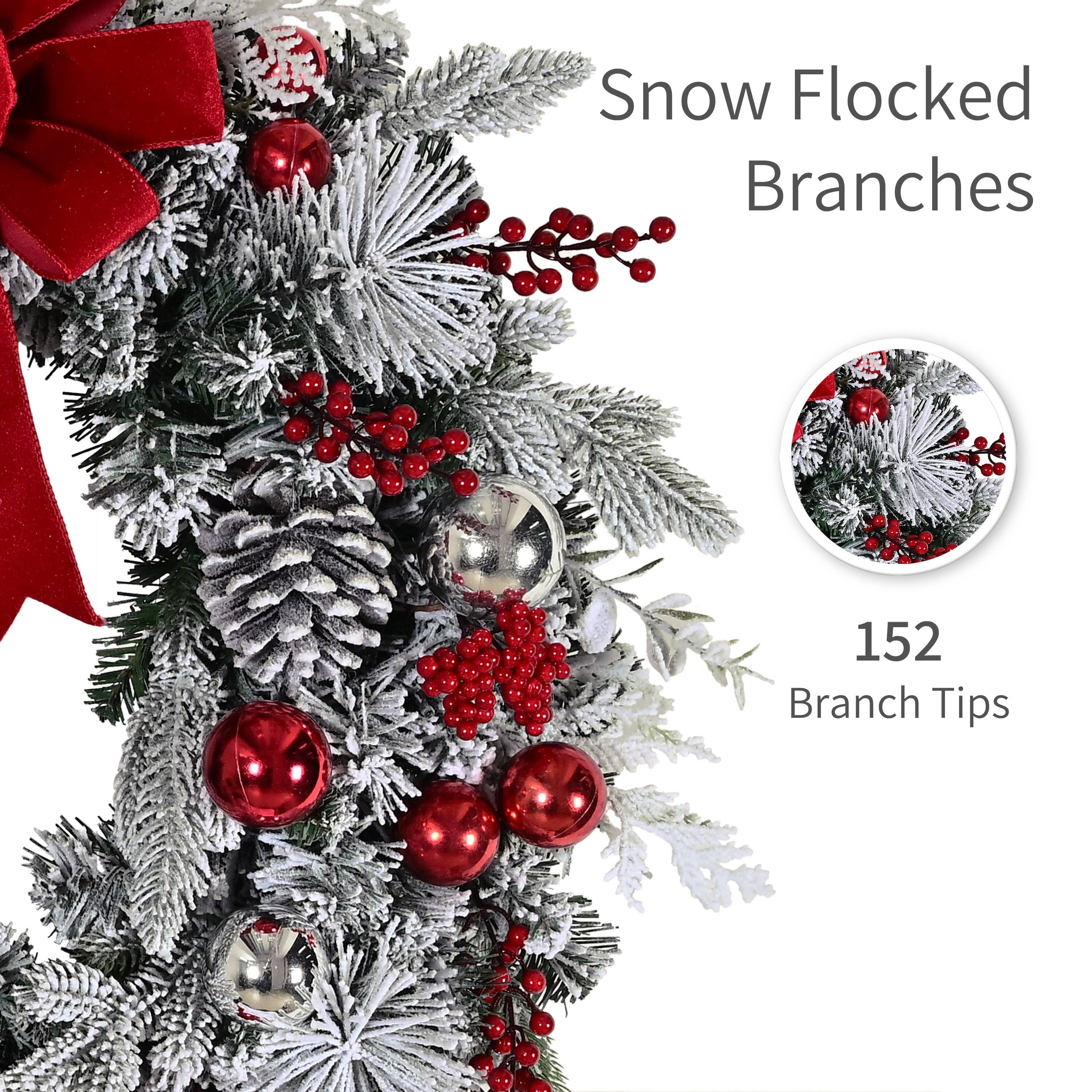 Puleo International 32" Pre-Lit Red Ornaments & Pinecones Flocked Artificial Christmas Wreath