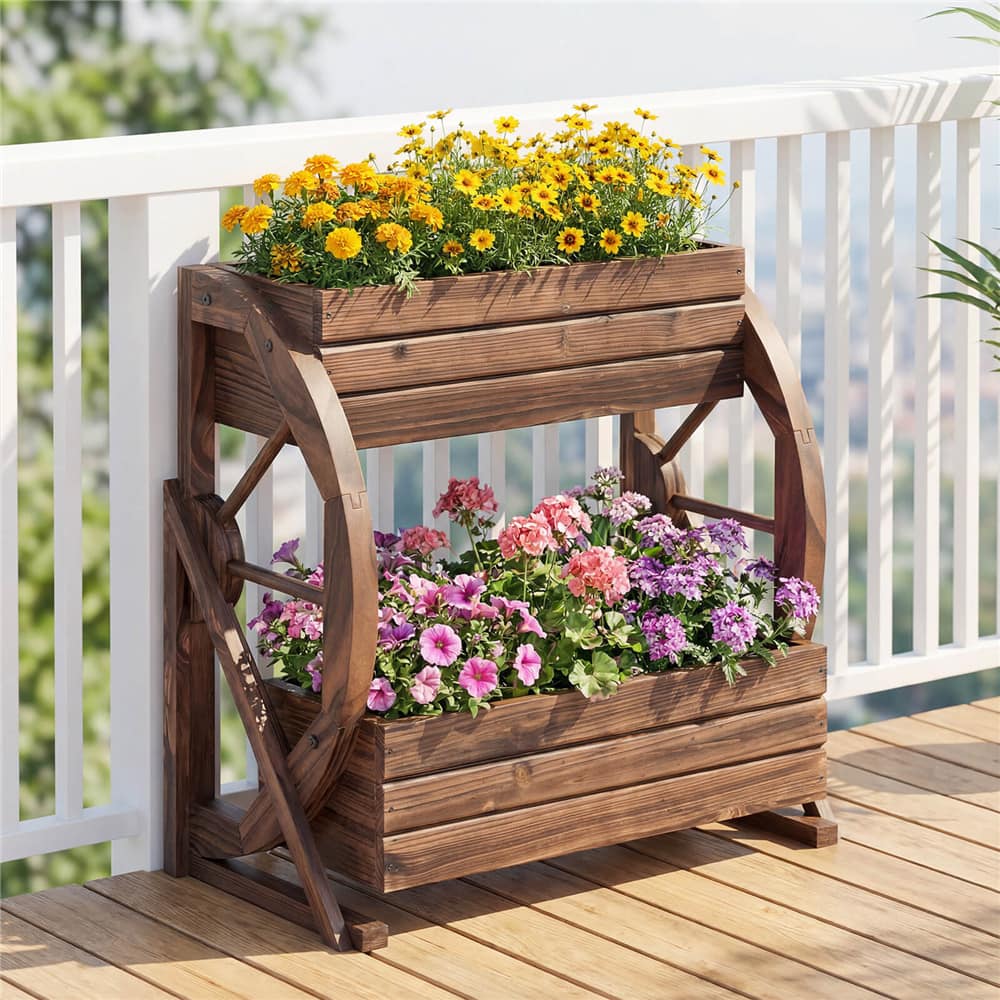 Costway 22" x 13" x 22" 2-Tier Rustic Wood Wagon Planter with Drainage Semi-Wheels Set