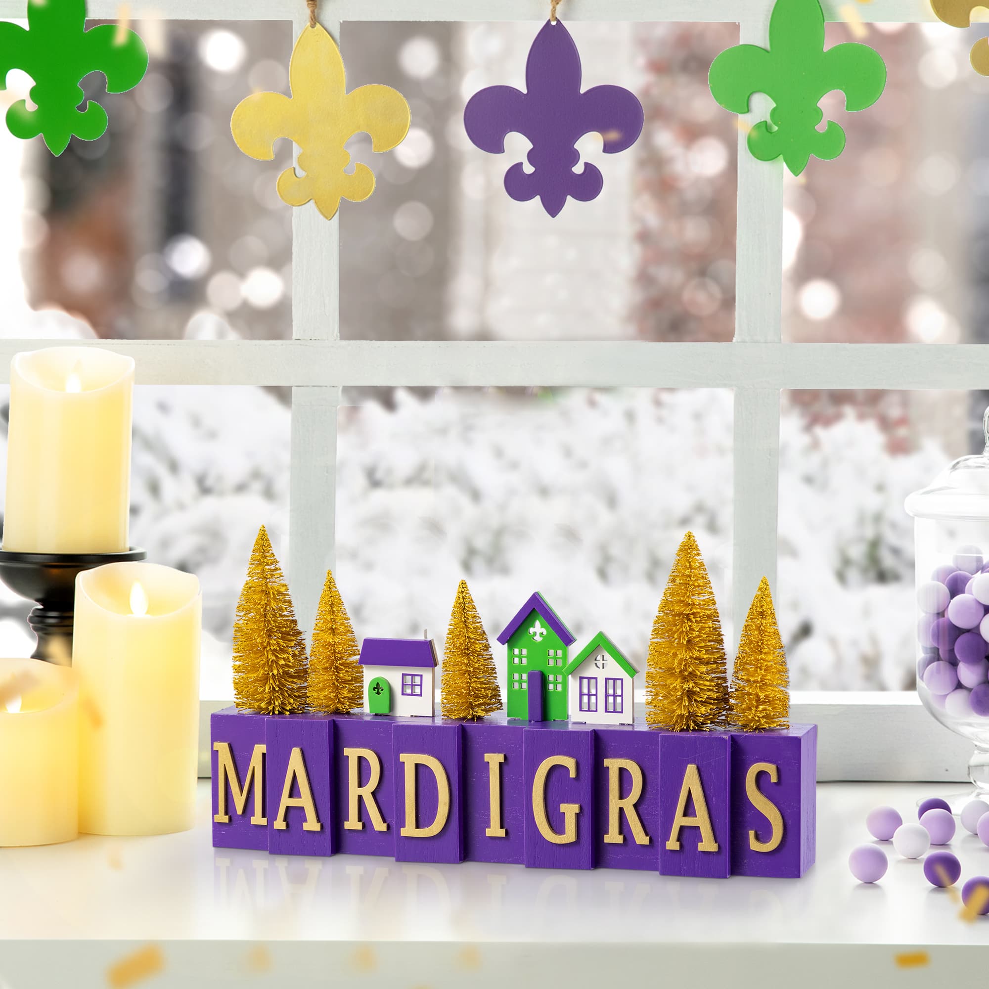 Glitzhome® 14" Mardi Gras Wooden House and Brush Trees Table Decor