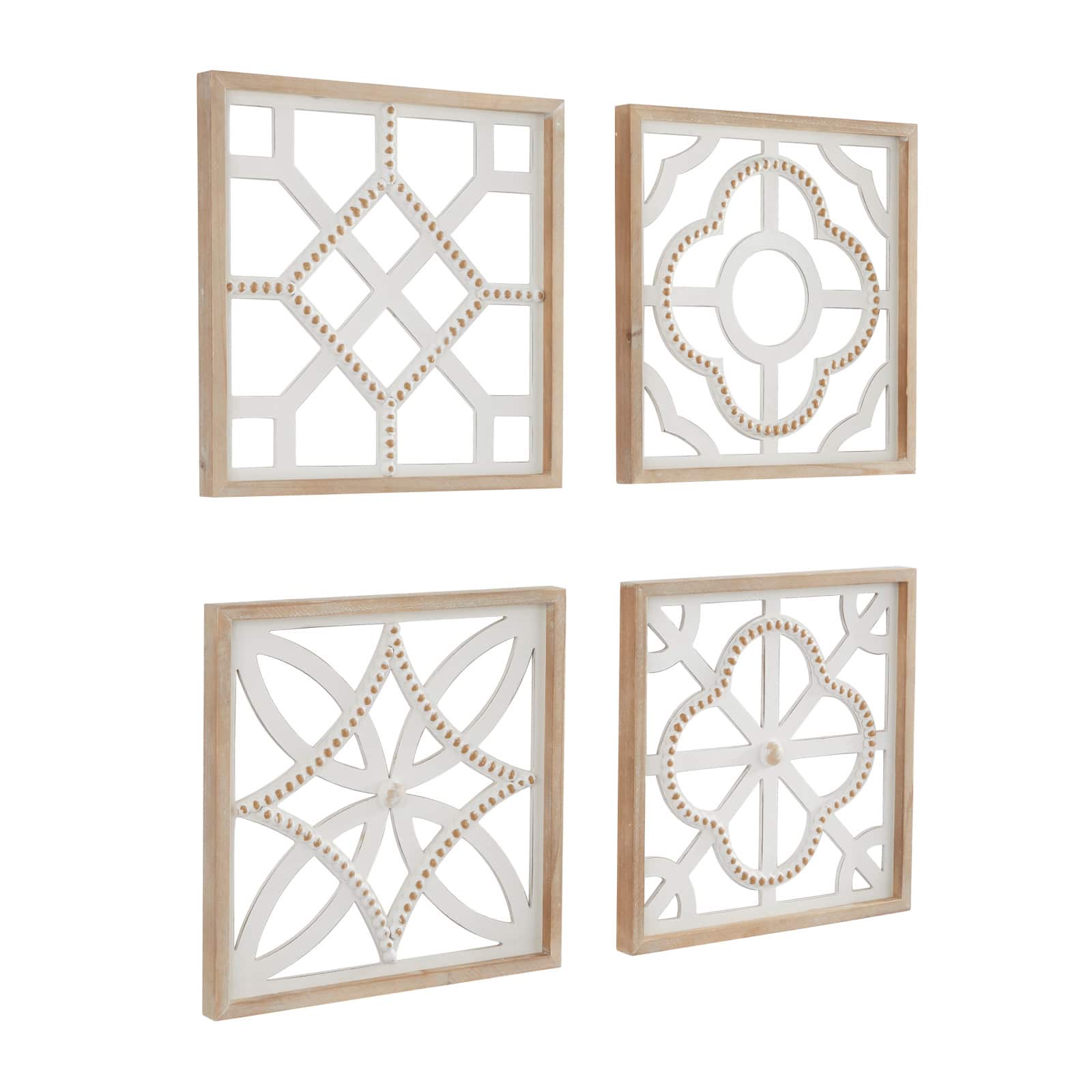 White Wood Beaded Geometric Wall Decor Set of 4 15", 15"