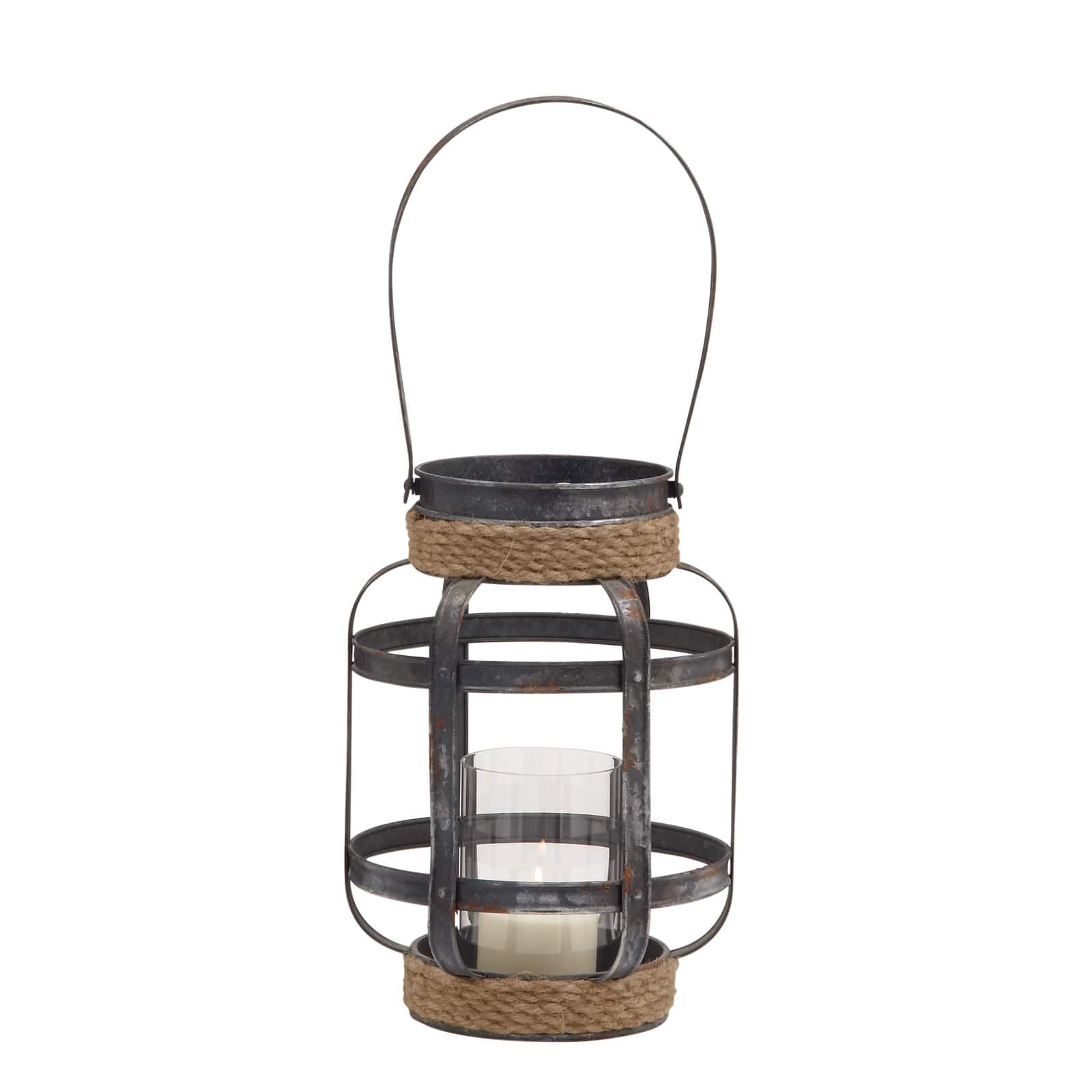 Grey Iron Industrial Candle Holder Lantern, 13" x 10" x 10"
