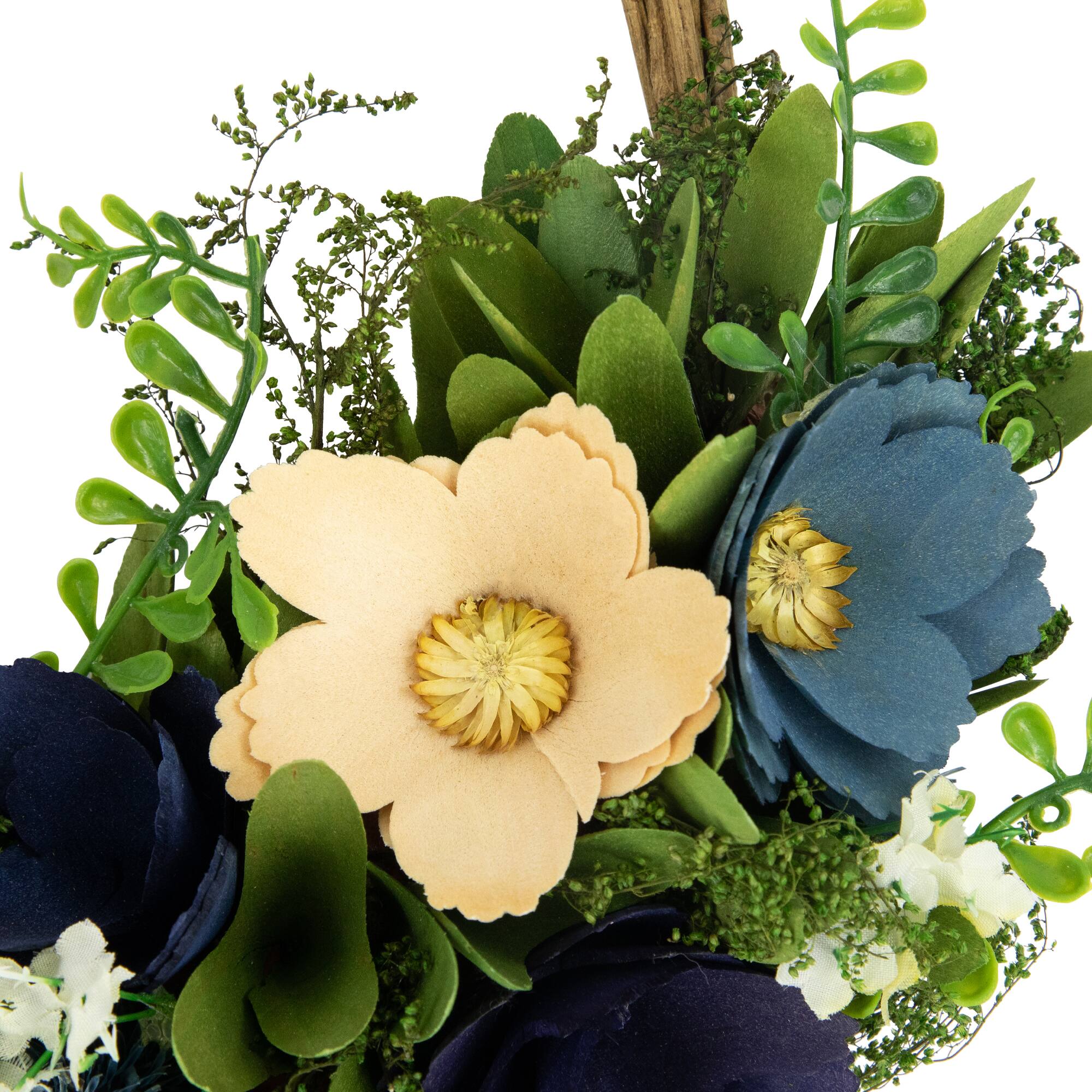 12" Blue & Tan Poppy Floral Wooden Spring Basket Wreath