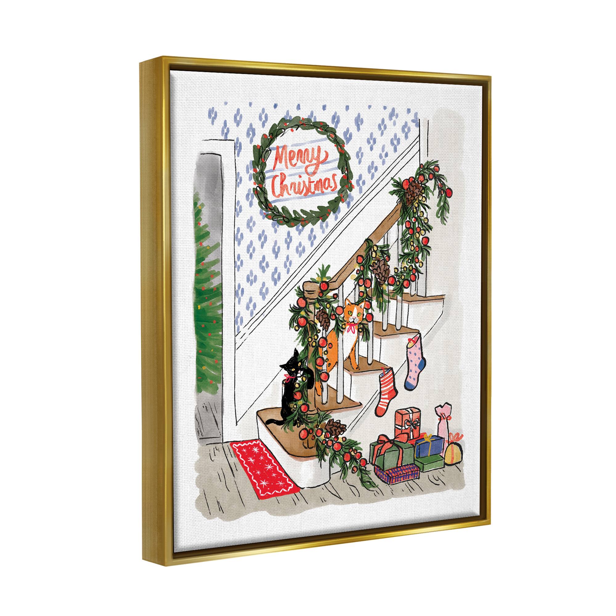 Stupell Industries Merry Christmas Holiday Stairway Framed Floater Canvas Wall Art