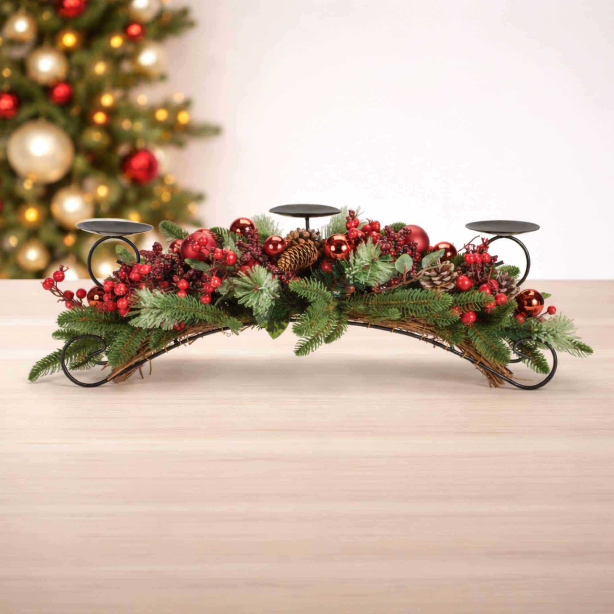Melrose Decorated Pine & Berry Centerpiece Candle Holder