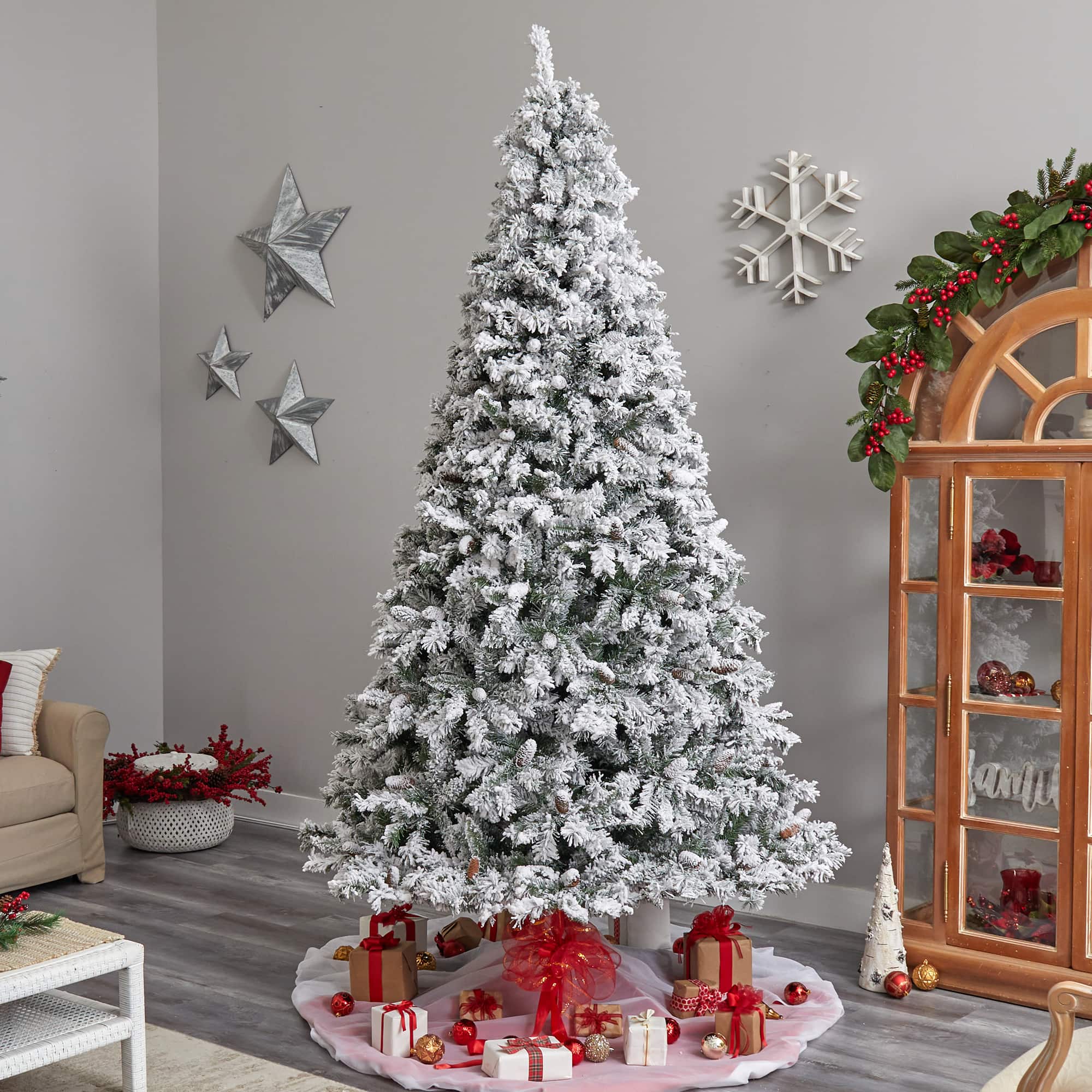 9ft. Pre-Lit Flocked White River Mountain Pine Artificial Christmas Tree, Clear LED Lights