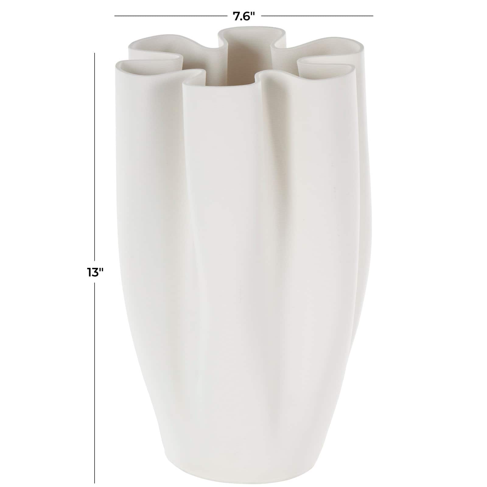 White Ceramic Abstract Ribbed Dimensional Folded Vase with Floral Shaped Rim