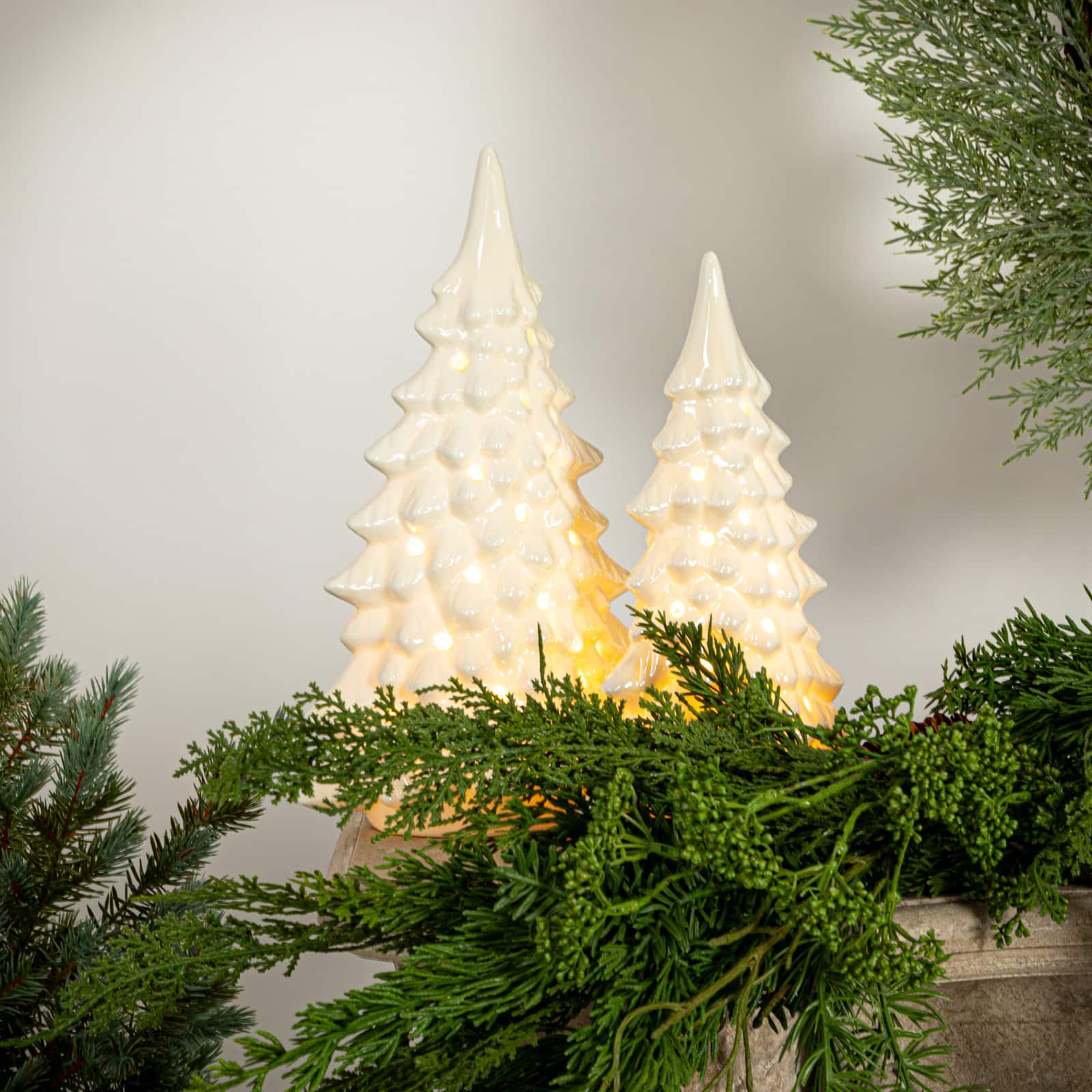 Hello Honey® 10.25" Cream Stoneware LED Tree with Cut-Outs & Iridescent Finish