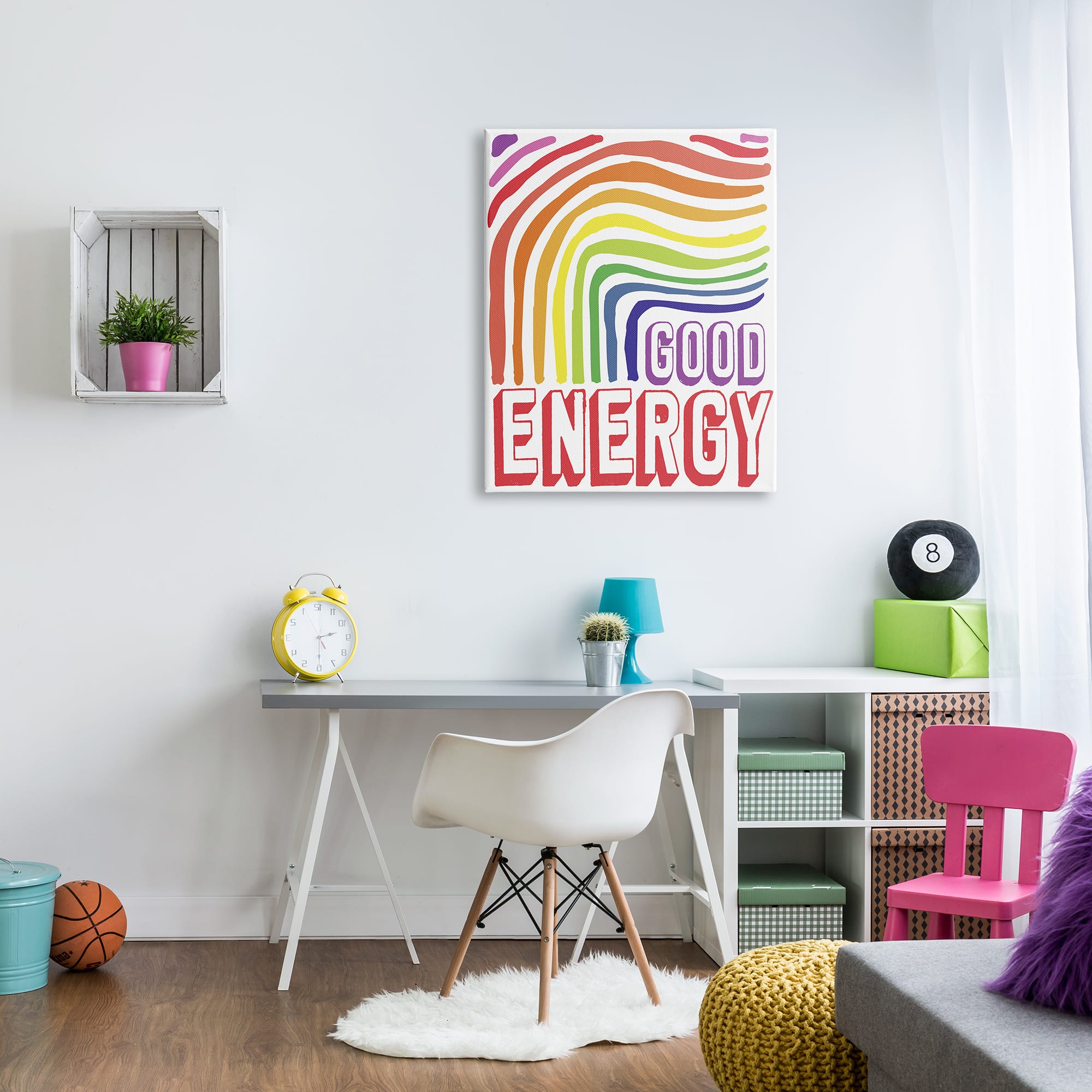 Stupell Industries Good Energy Phrase Abstract Rainbow Waves Bold Typography Canvas Wall Art