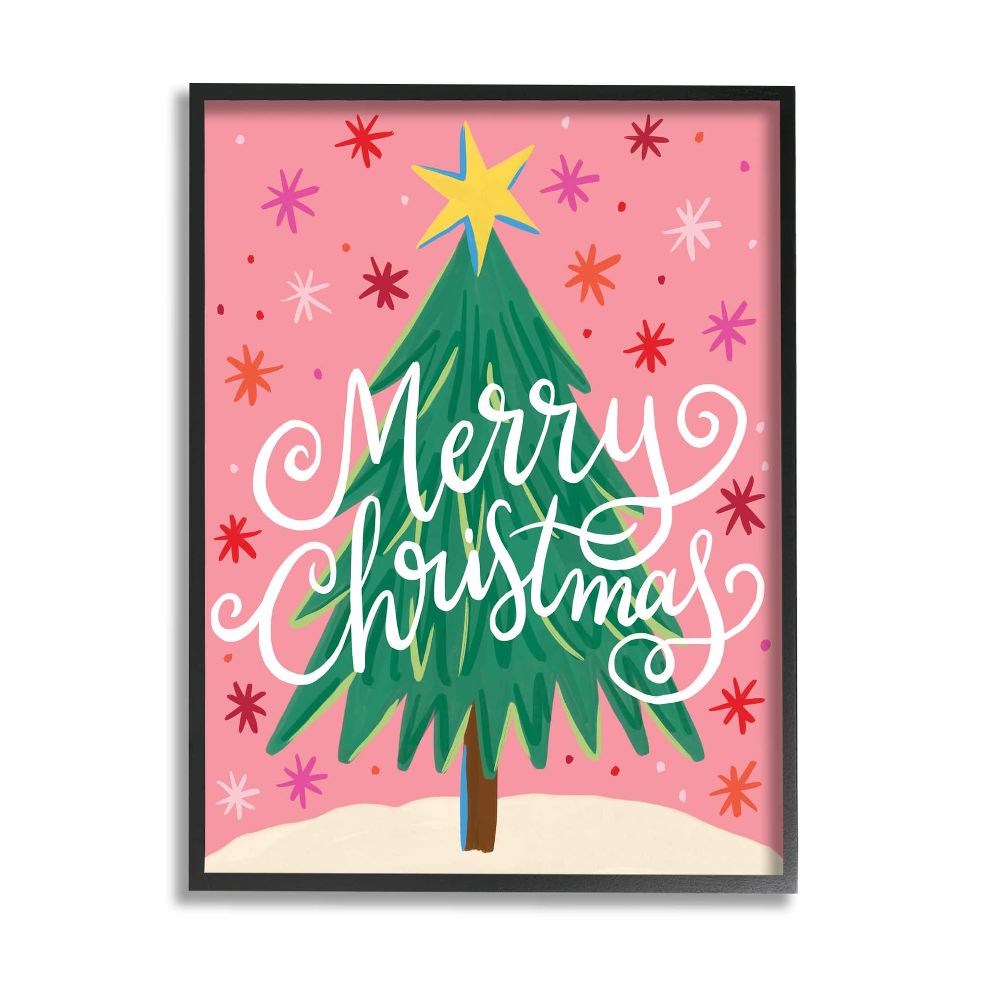 Stupell Industries Merry Christmas Pink Starry Pattern Framed Giclee Art