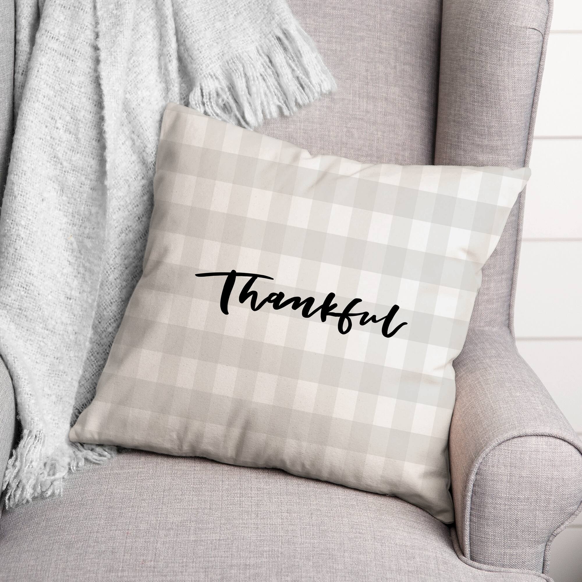 Brown Checkered Thankful Throw Pillow