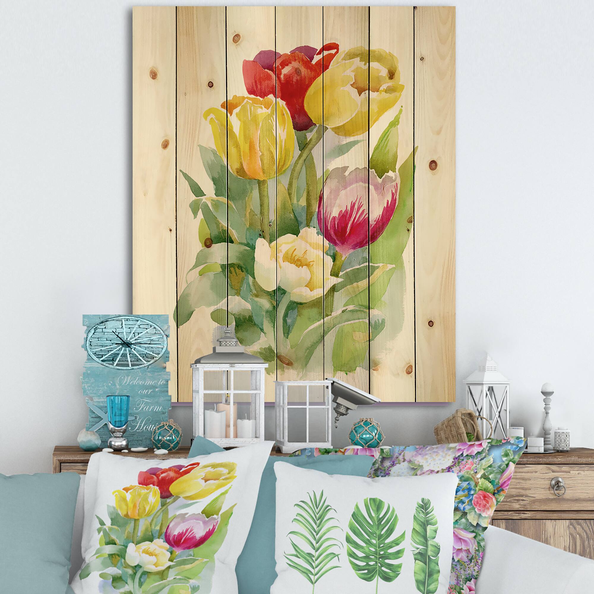 Designart - Bouquet of White and Red Tulips - Traditional Print on Natural Pine Wood