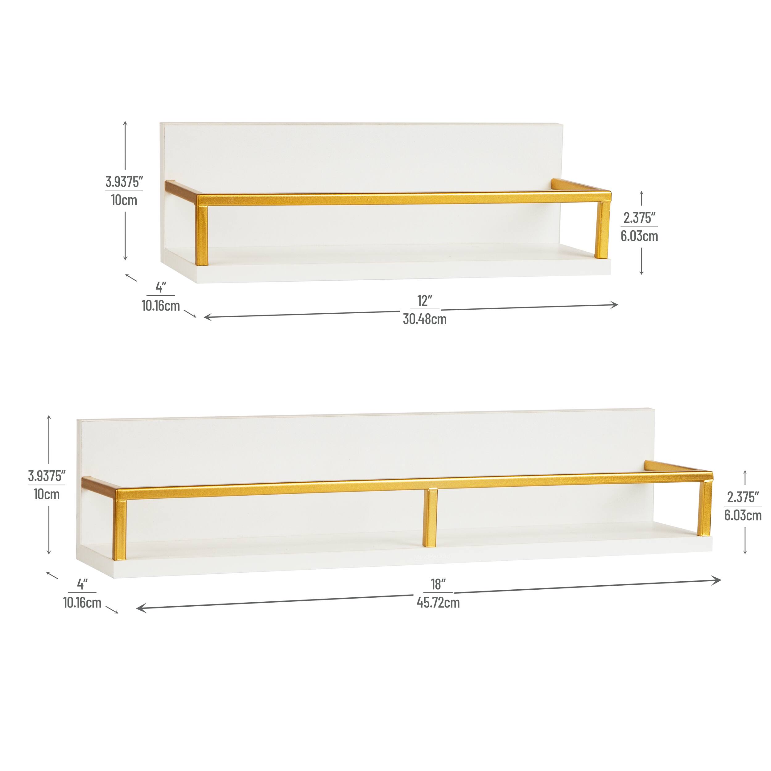 Mind Reader Floating Shelves, Wall-Mounted Office Organizers, Modern MDF Display Storage with Metal Rail, Metal. MDF, Set of 2, White