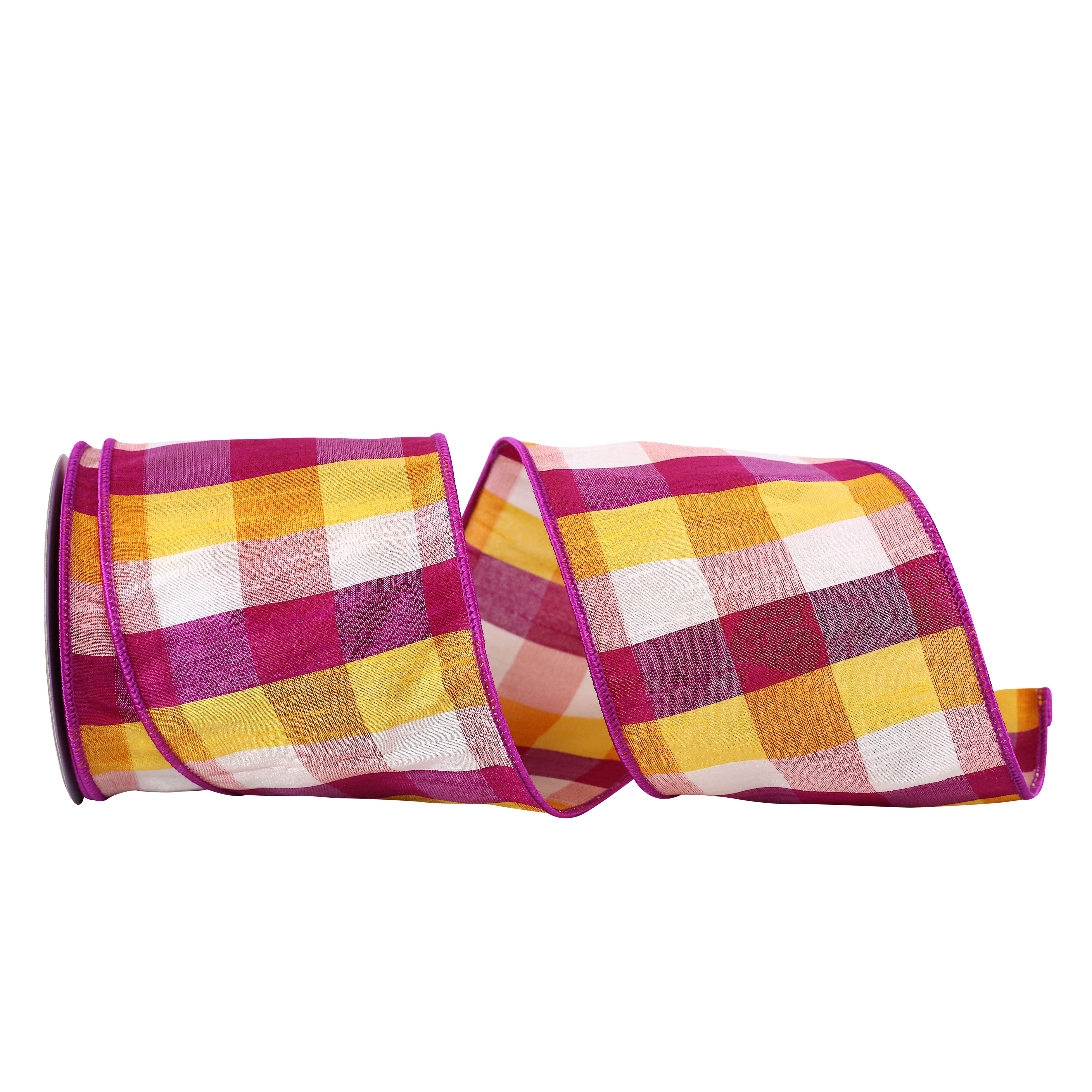 JAM Paper 4" x 10yd. Pink & Yellow Afternoon Plaid Dupioni Wired Ribbon