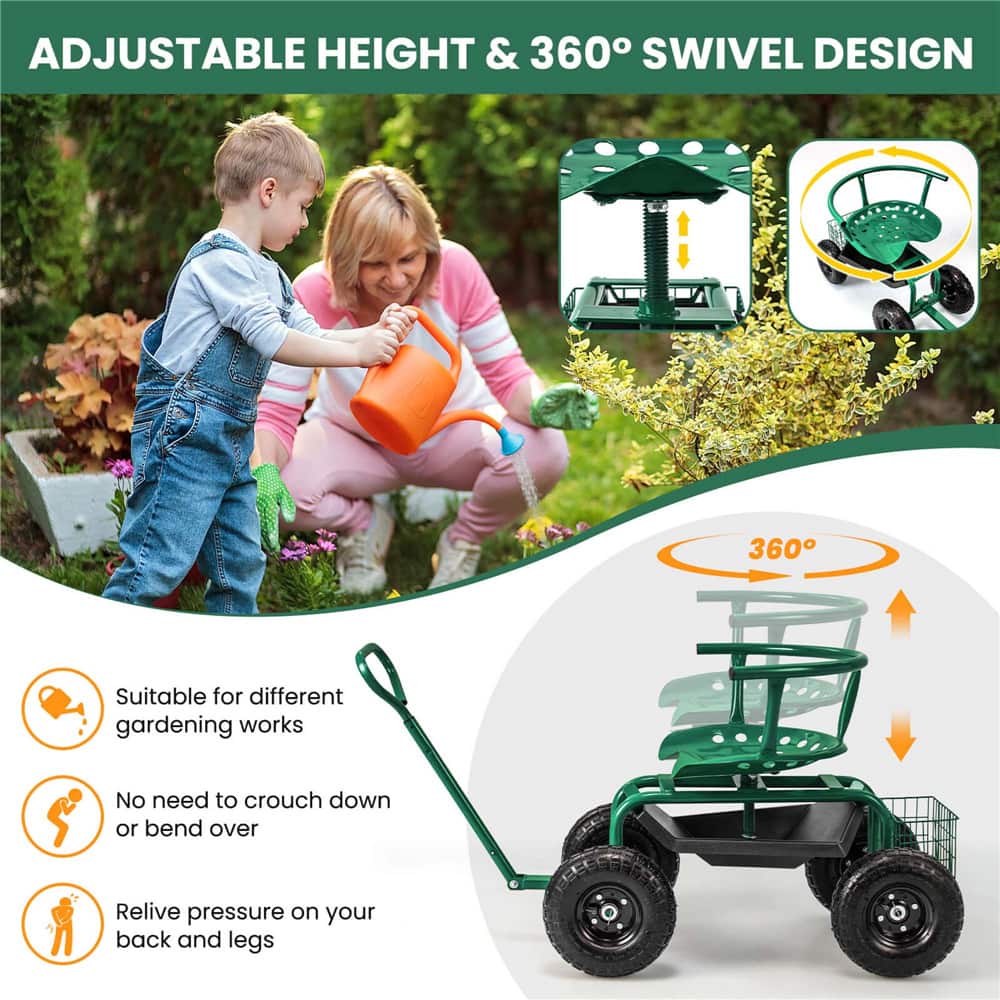 Costway Height-Adjustable Rolling Garden Cart Scooter with Swivel Seat, Tool Tray & Storage Basket