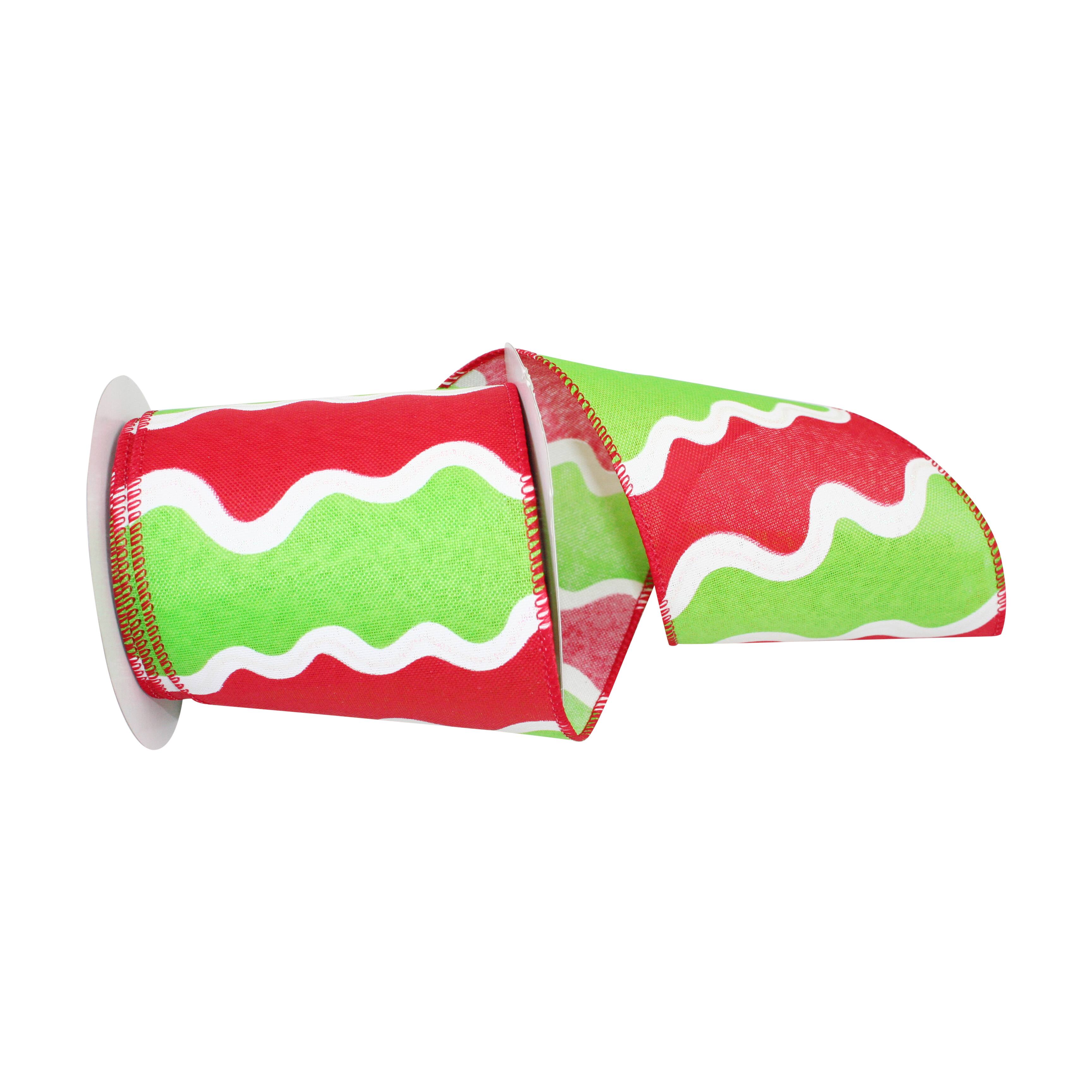 JAM Paper 4" x 10yd. Red & Lime Wired Festive Holiday Squiggle Ribbon