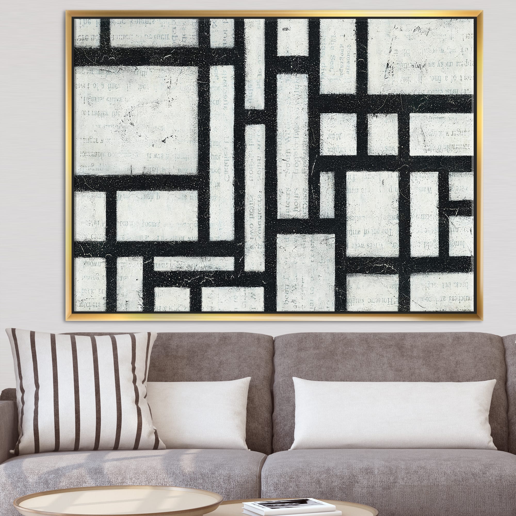 Designart - Black and White Labyrinth geometric - Mid-Century Modern Canvas in Gold Frame