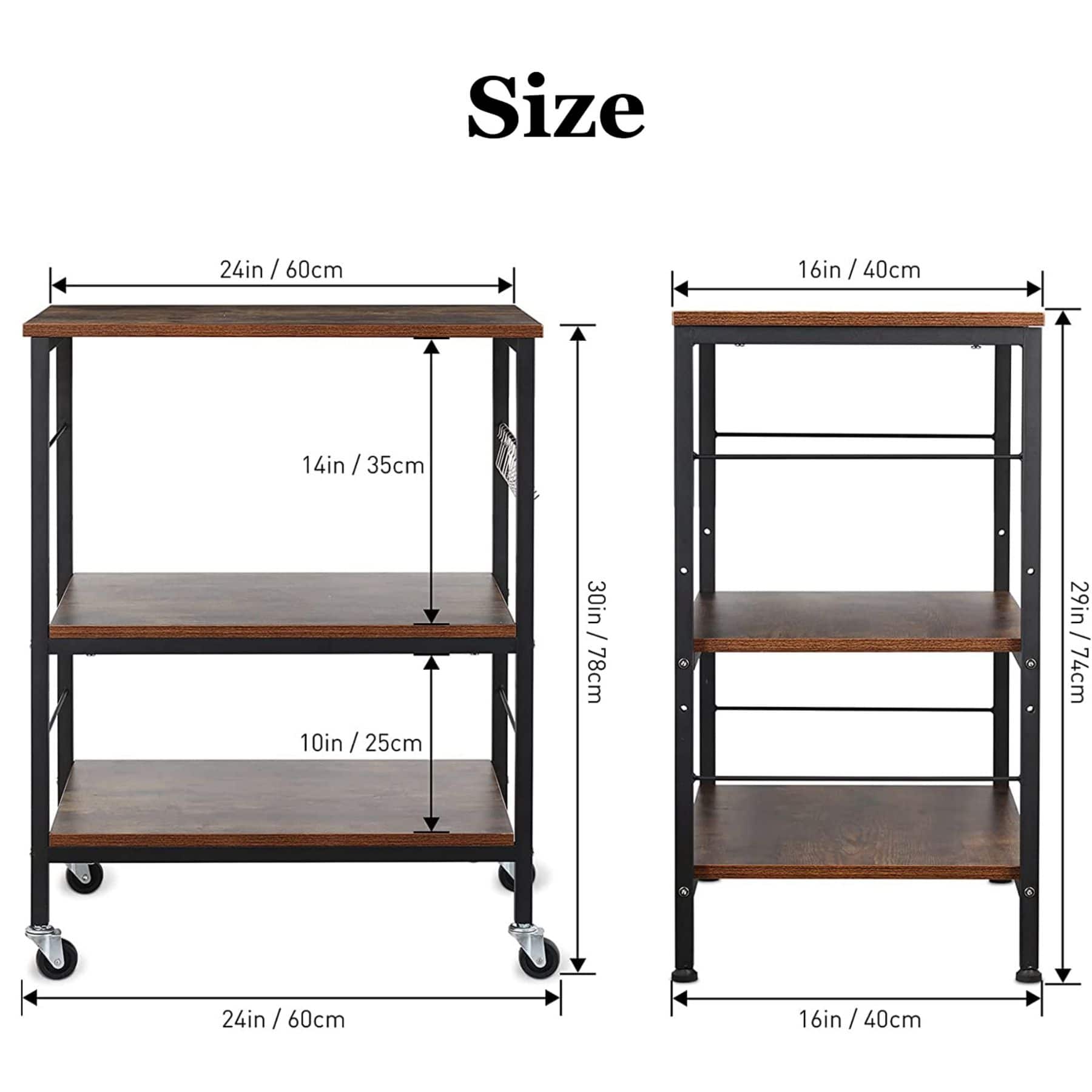 Rustic Brown Wood Kitchen Carts 3-Tier Rolling Rack with 10 Hooks