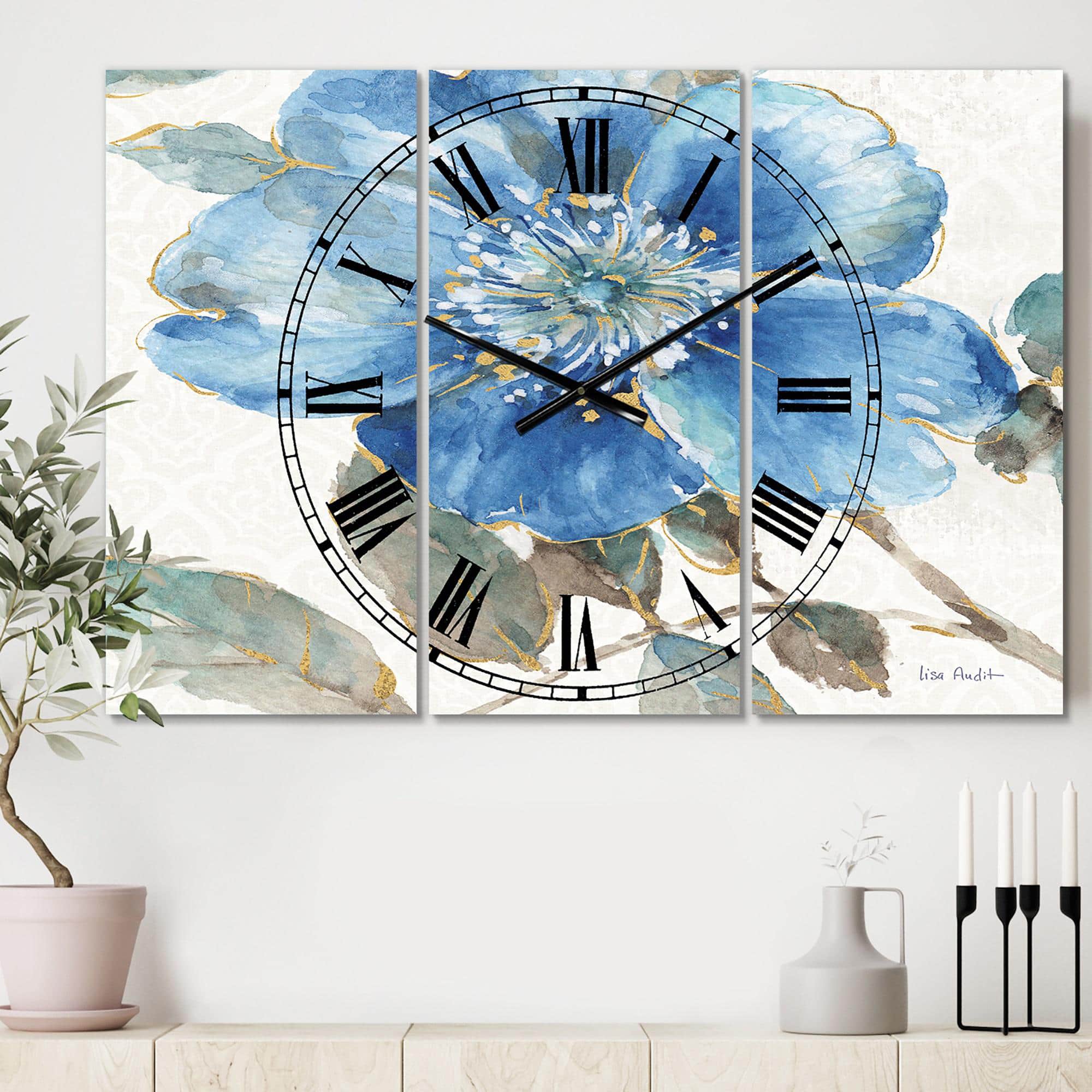 Designart Indigold Watercolor Flower I Traditional 3 Panel Wall Clock