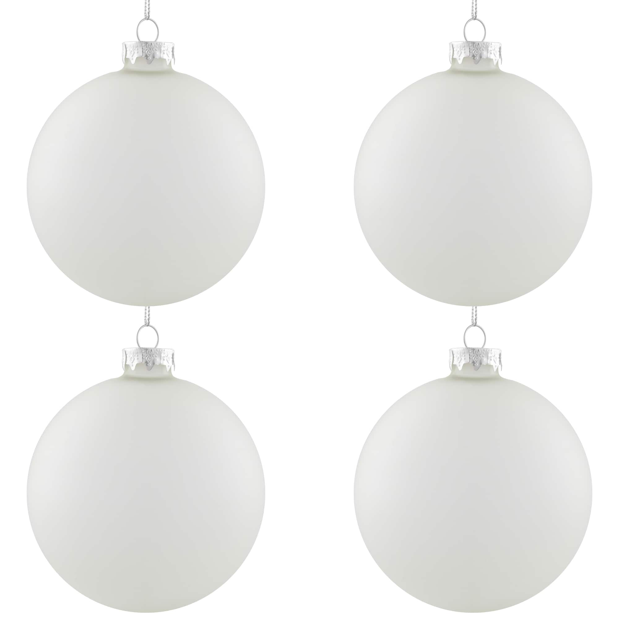 4ct. 4" White & Silver Frosted Matte Glass Ball Ornaments