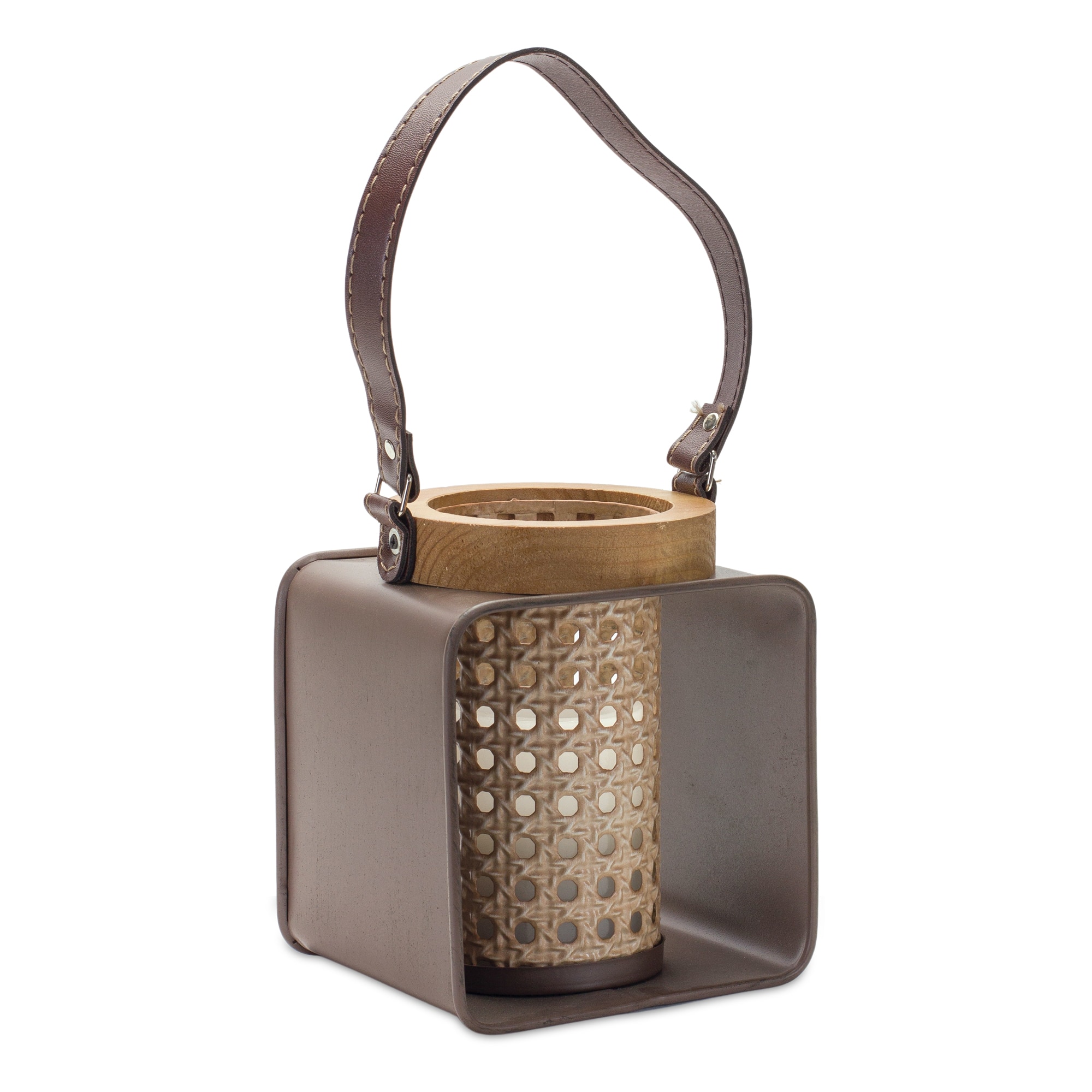 Metal Candle Holder with Wood & Leather Accents