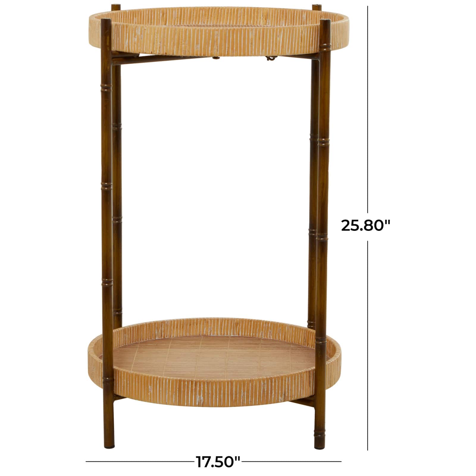 Brown Rattan 2 Tray Shelves Accent Table with Metal Bamboo Inspired Legs 18" x 18" x 26"