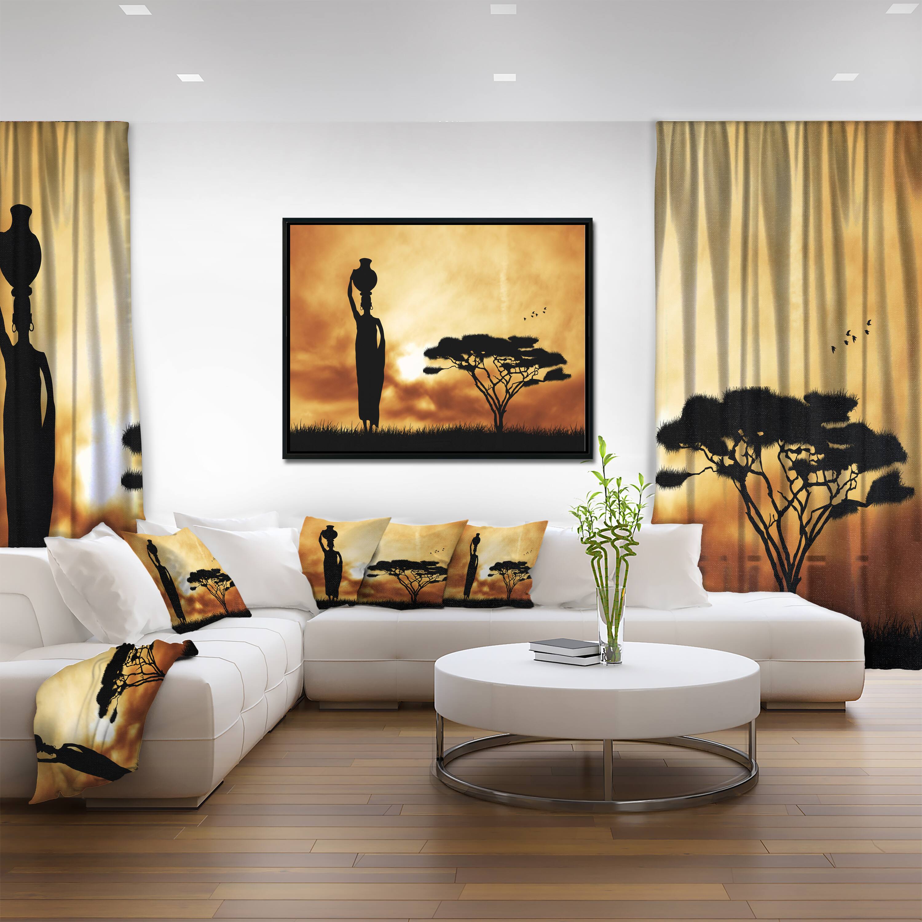 Designart - African Woman and Lonely Tree - African Landscape Framed Canvas Art Print