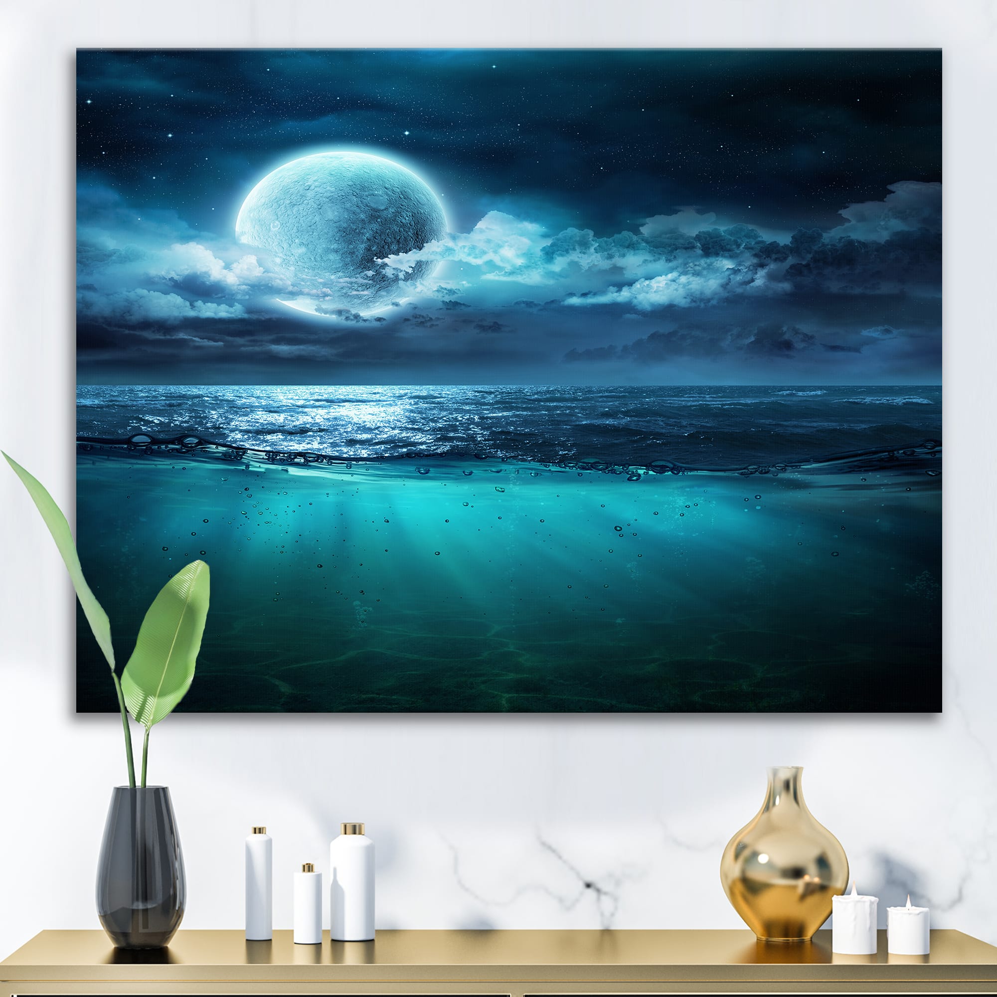 Designart - Romantic Moon Over Deep Blue Sea II - Nautical & Coastal Canvas Wall Art Print