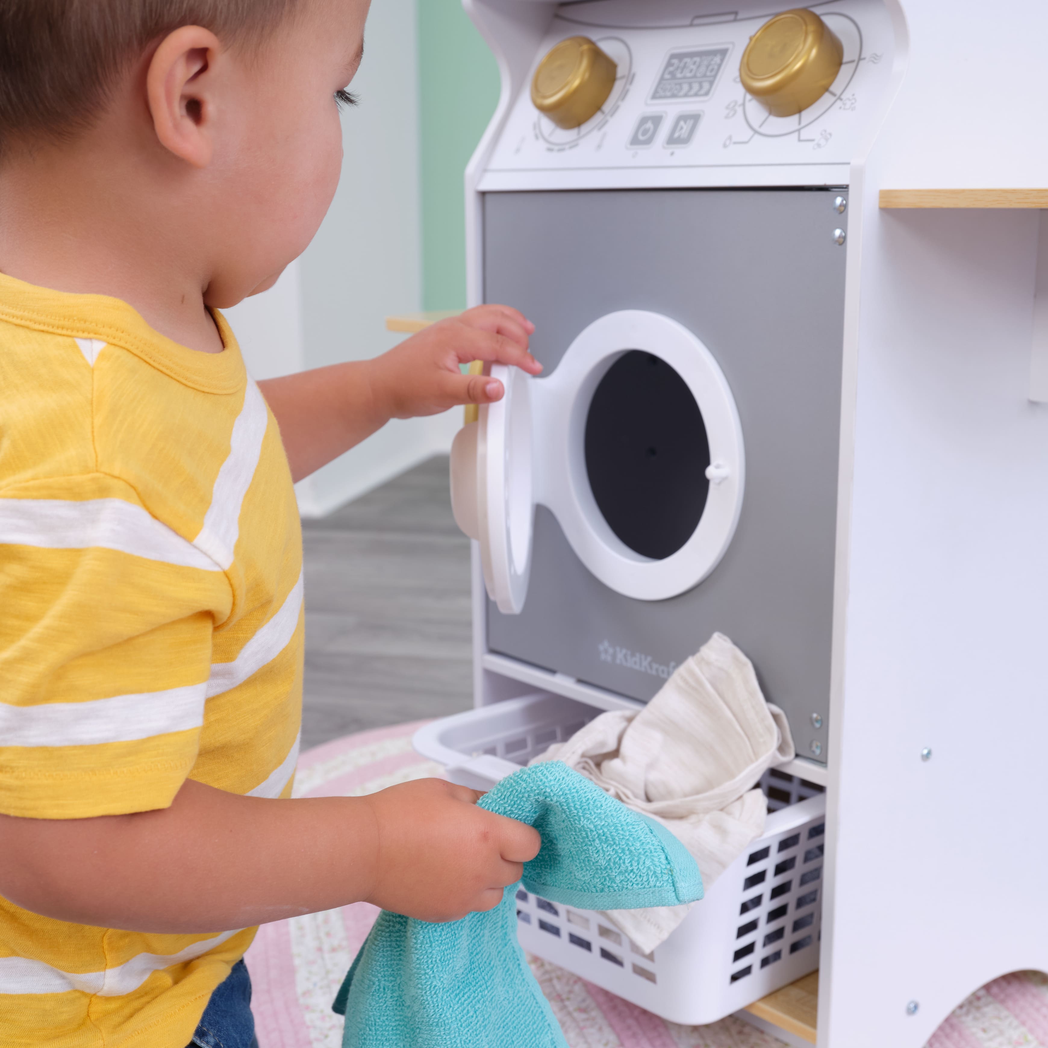 KidKraft White Wooden Laundry Play Set, Stacking Washer & Dryer with Iron & Basket