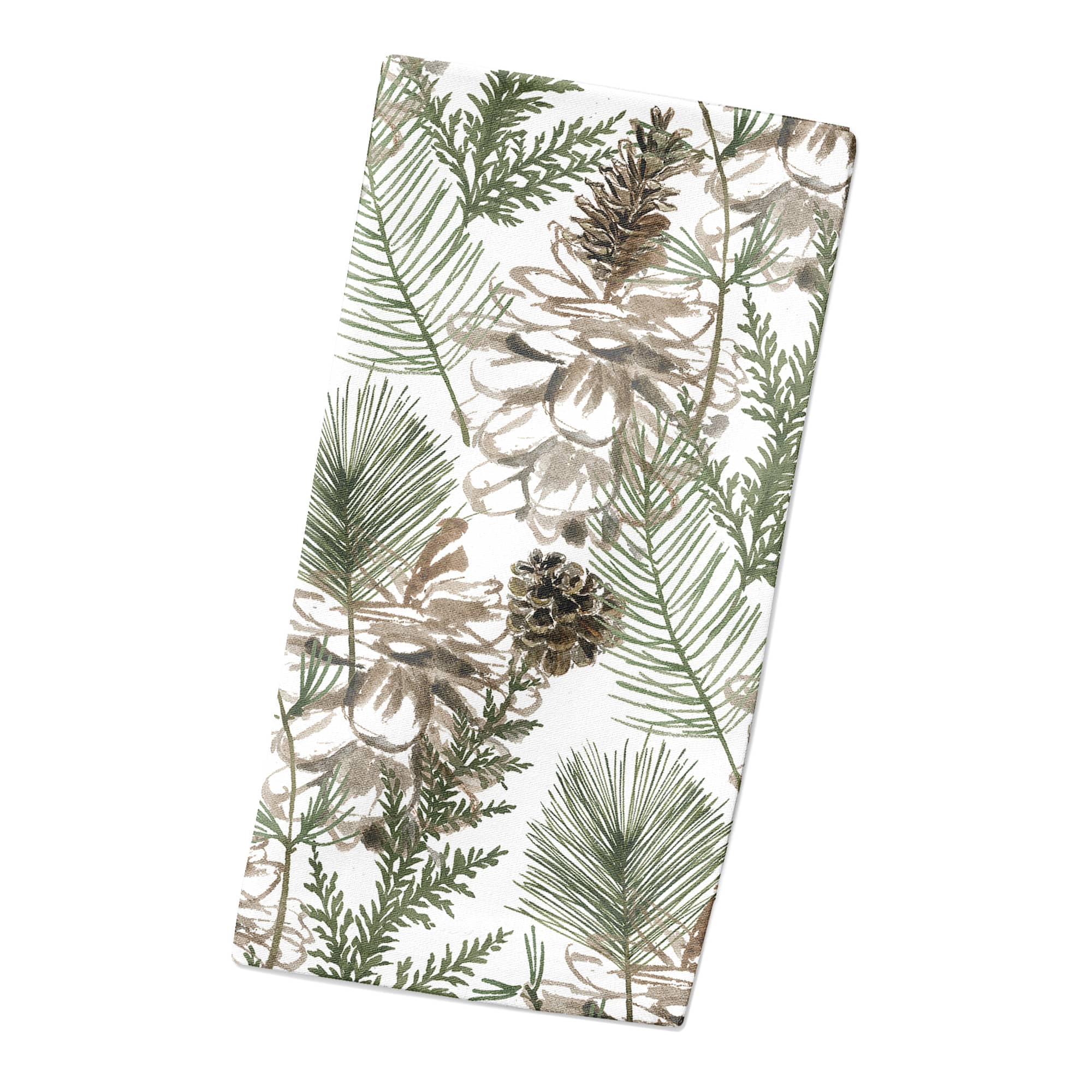 Pine Cones & Greenery on White Cotton Twill Napkin
