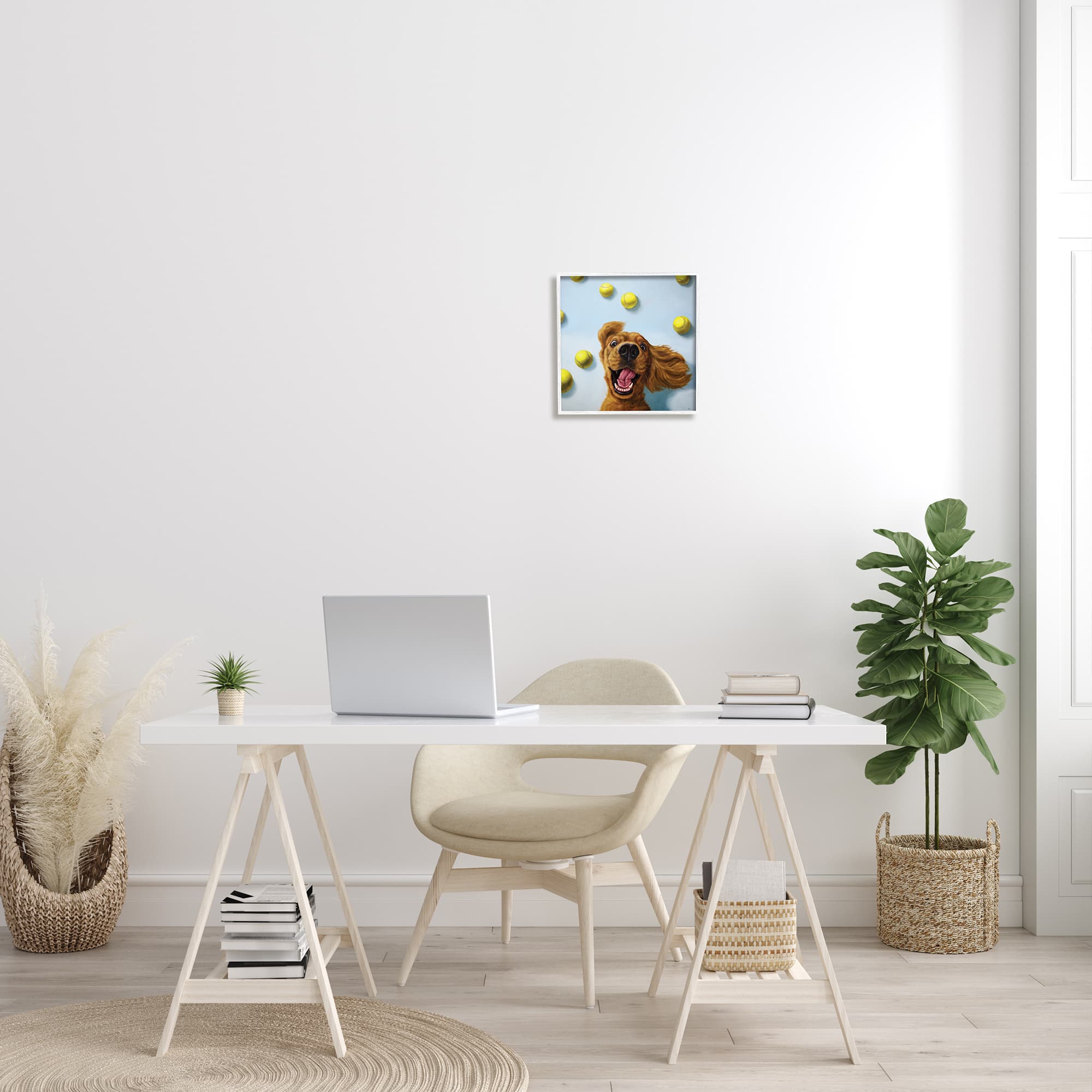 Stupell Industries Happy Smiling Pet Dog with Yellow Tennis Balls in White Frame Wall Art