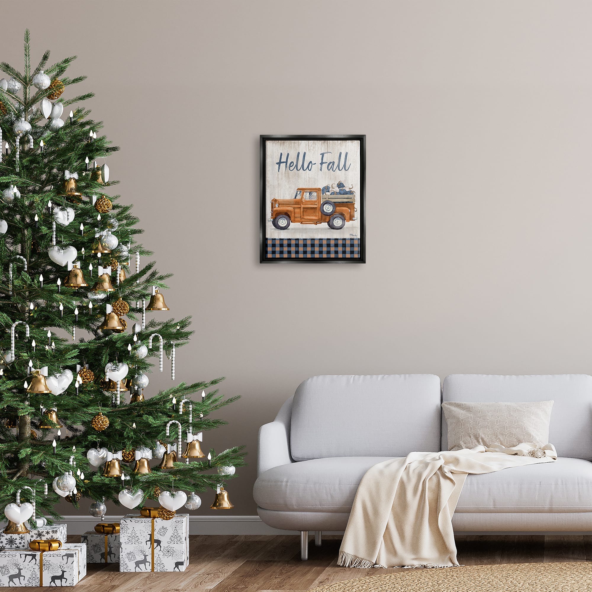 Stupell Industries Hello Fall Plaid Pumpkin Truck Framed Floater Canvas Wall Art