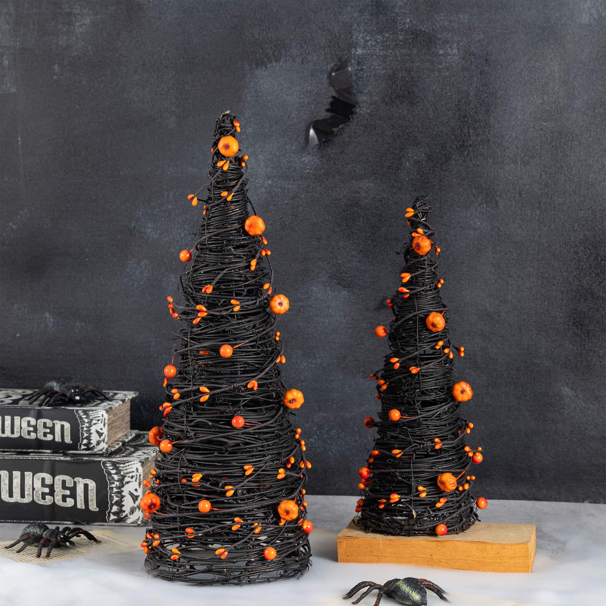 Glitzhome® Halloween Eucalyptus with Bats Pumpkin Cone Tree, Set of 2