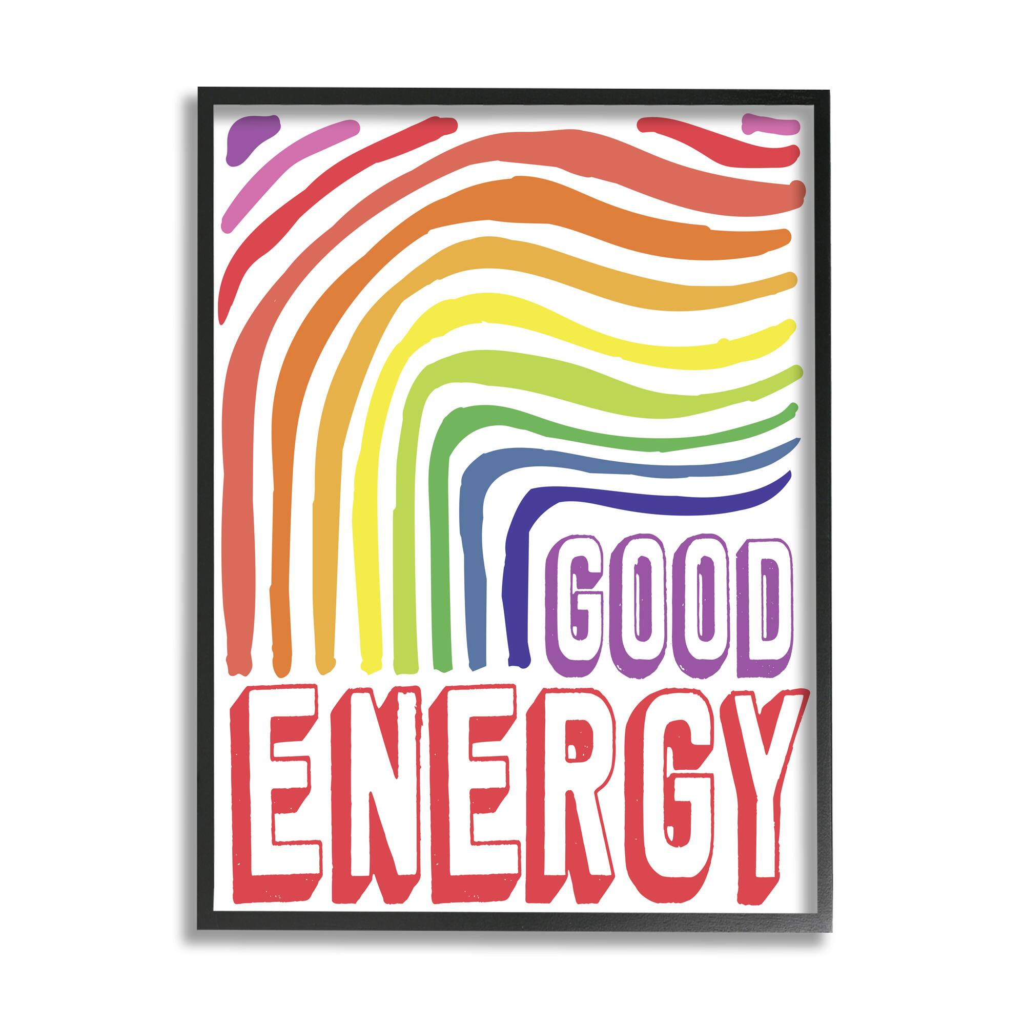 Stupell Industries Good Energy Phrase Abstract Rainbow Waves Bold Typography Framed Wall Art