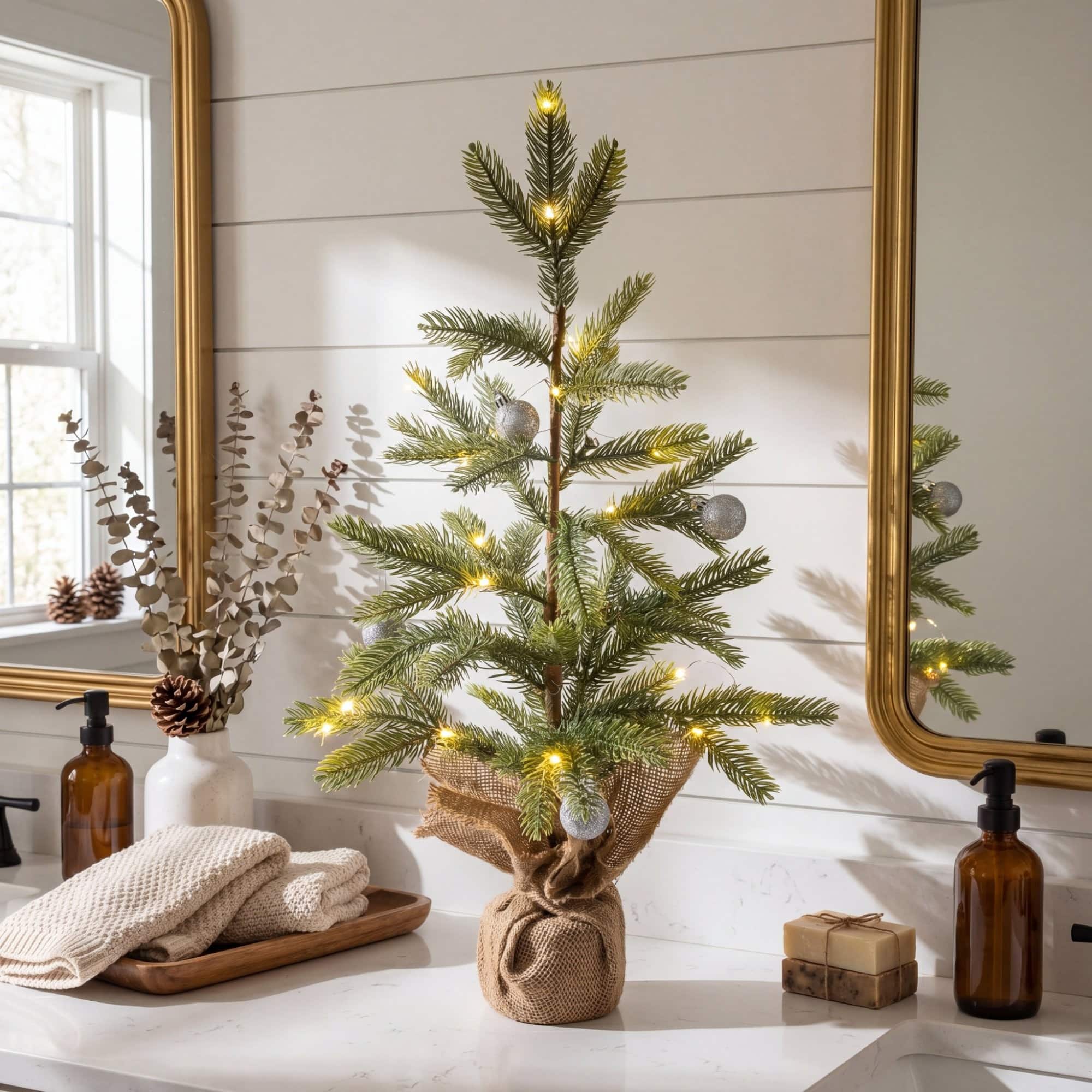 Nearly Natural 24" Pre-Lit Natural Look Fraser Fir Artificial Christmas Tree in Burlap Wrapped Base