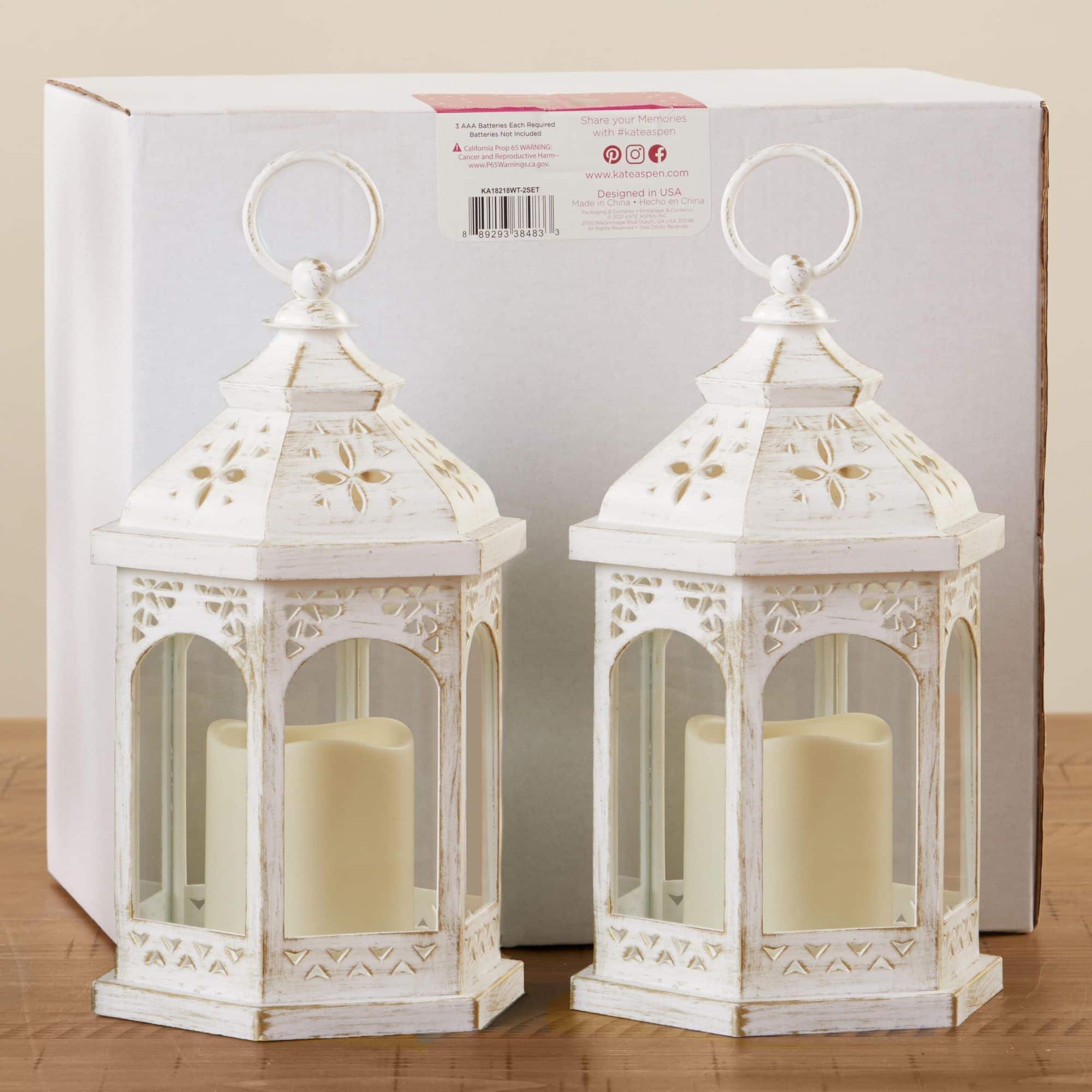 Kate Aspen White LED Hexagon Distressed Lantern Set