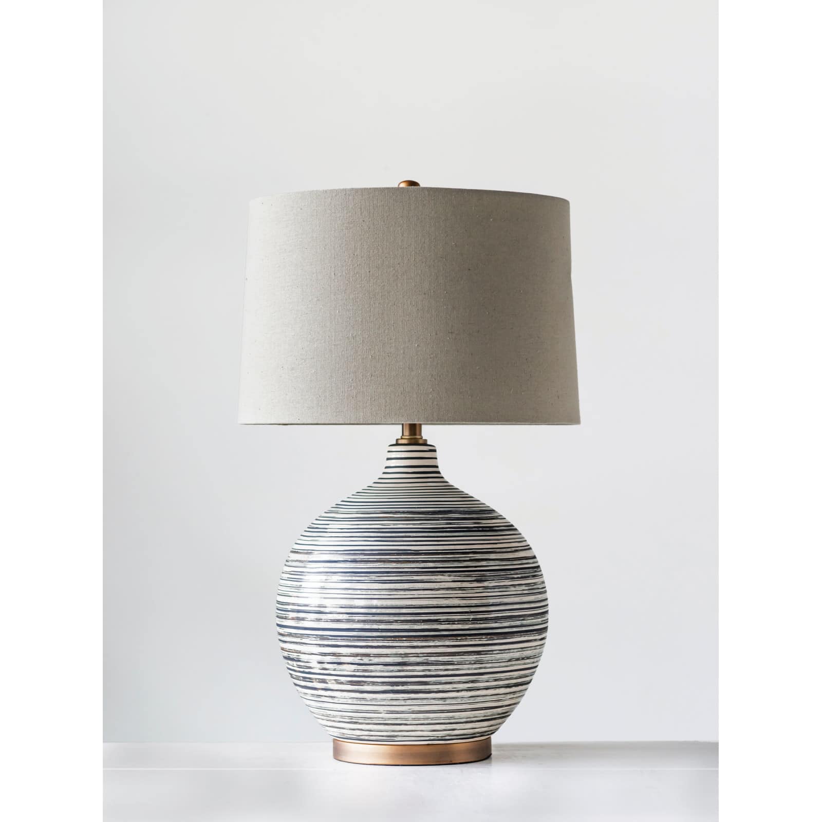 Hello Honey® Textured Black & White Striped Ceramic Table Lamp with Grey Linen Shade