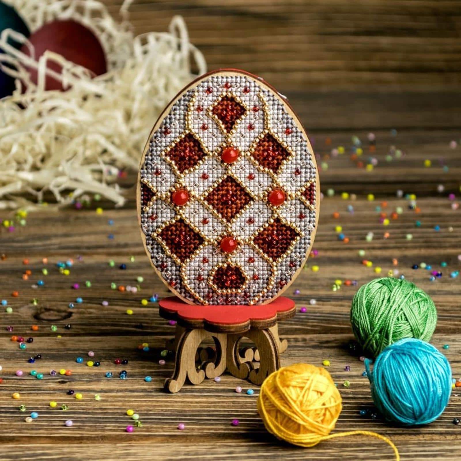 Wonderland Crafts Red, White & Gold Egg Cross Stitch on Wood Kit
