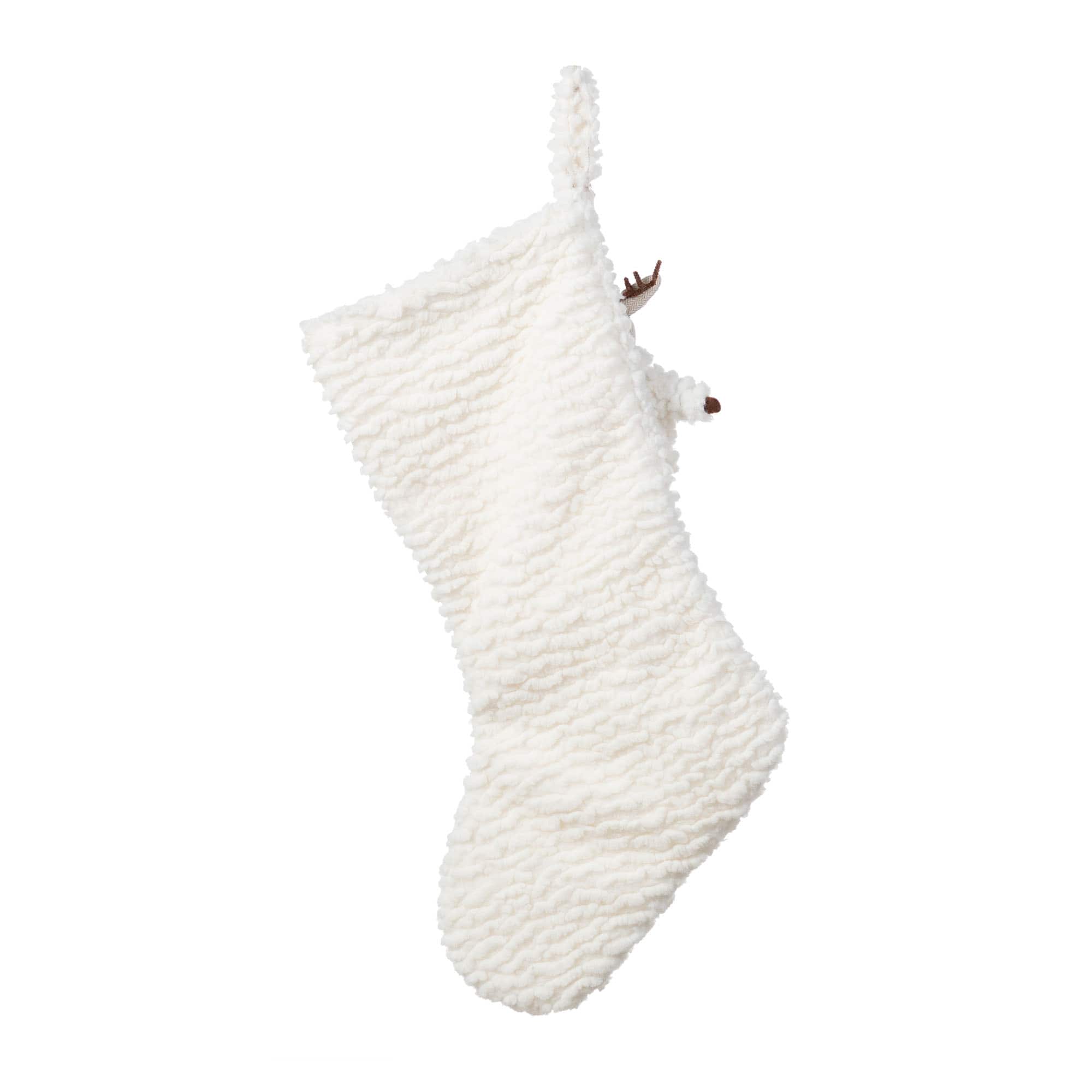 Glitzhome® 21"L White Plush Christmas Stocking with Reindeer Ornament