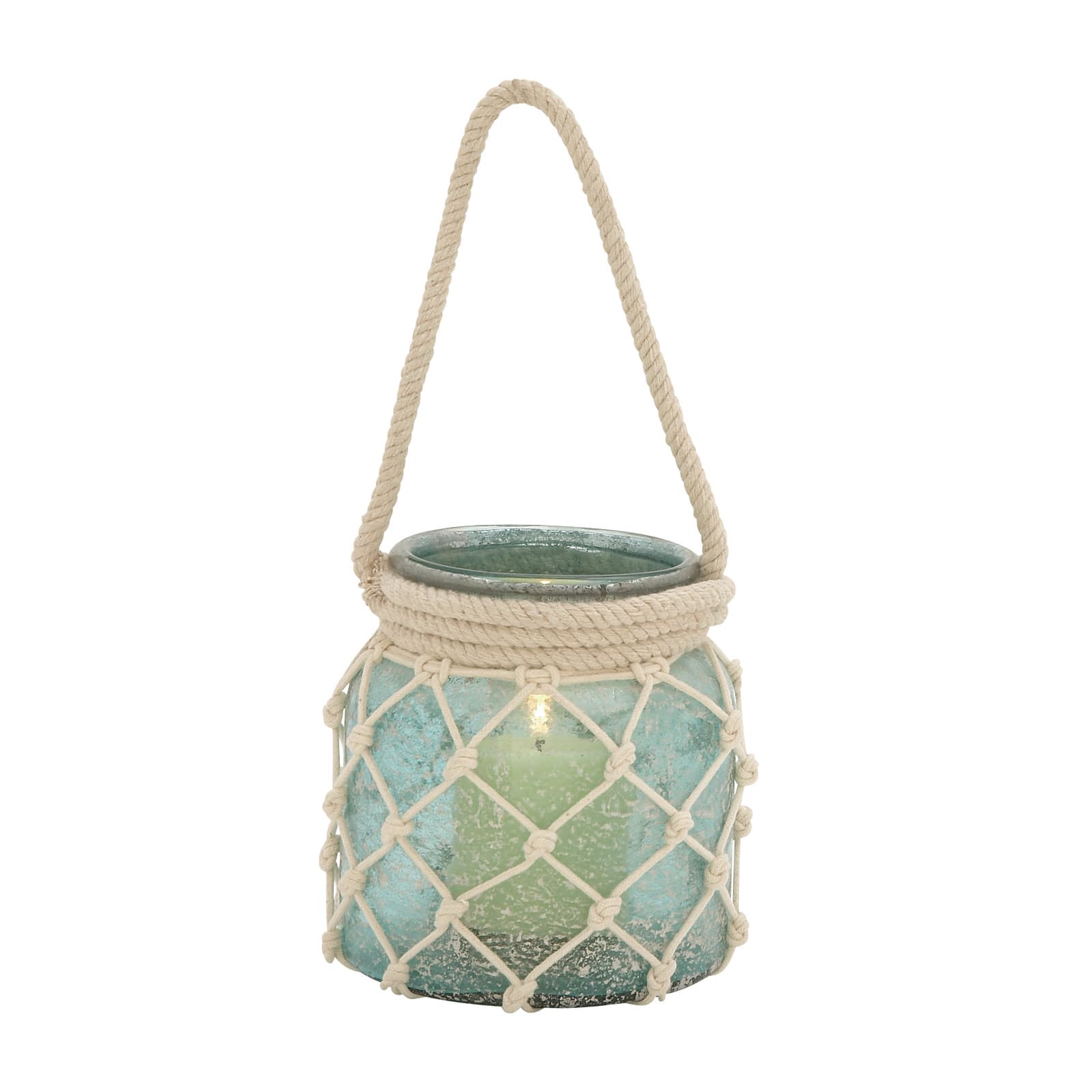 Aquamarine Glass Coastal Candle Holder Lantern, 15" x 7" x 7"