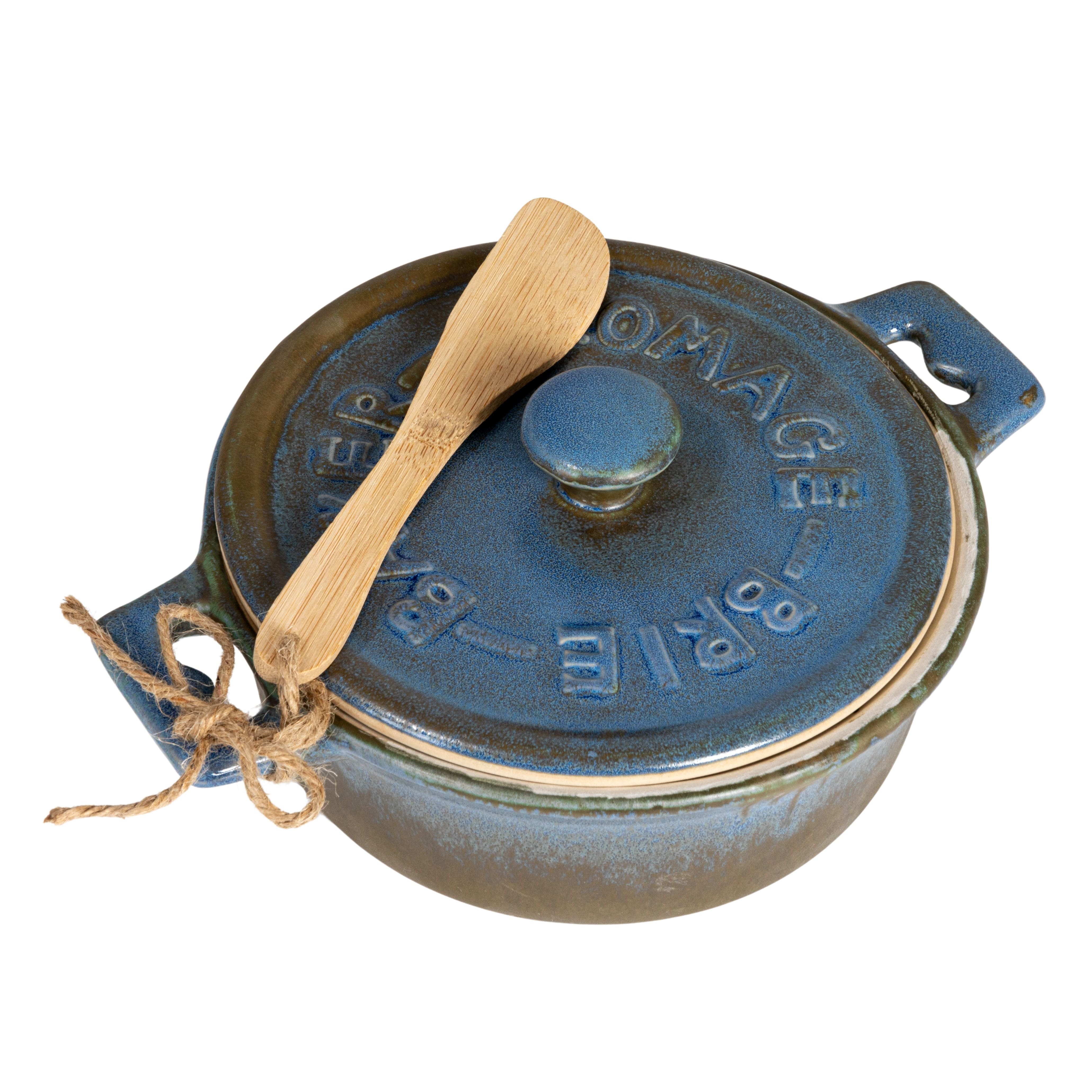 Hello Honey® Blue Stoneware Brie Bakers with Bamboo Spreader, 2ct.