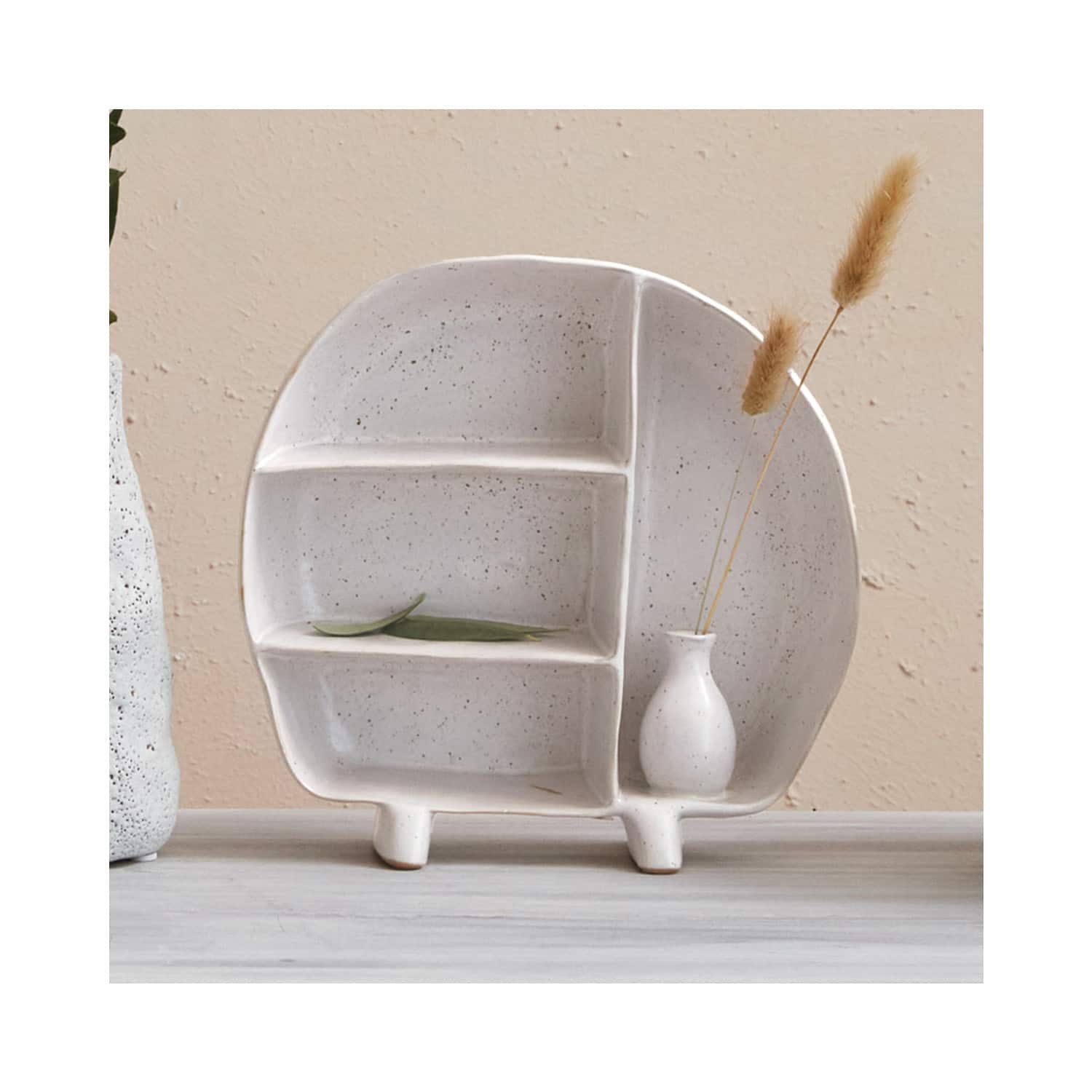 Hello Honey® 8.5" Cream Stoneware Footed Shelf with 4 Compartments & Attached Vase with Reactive Glaze