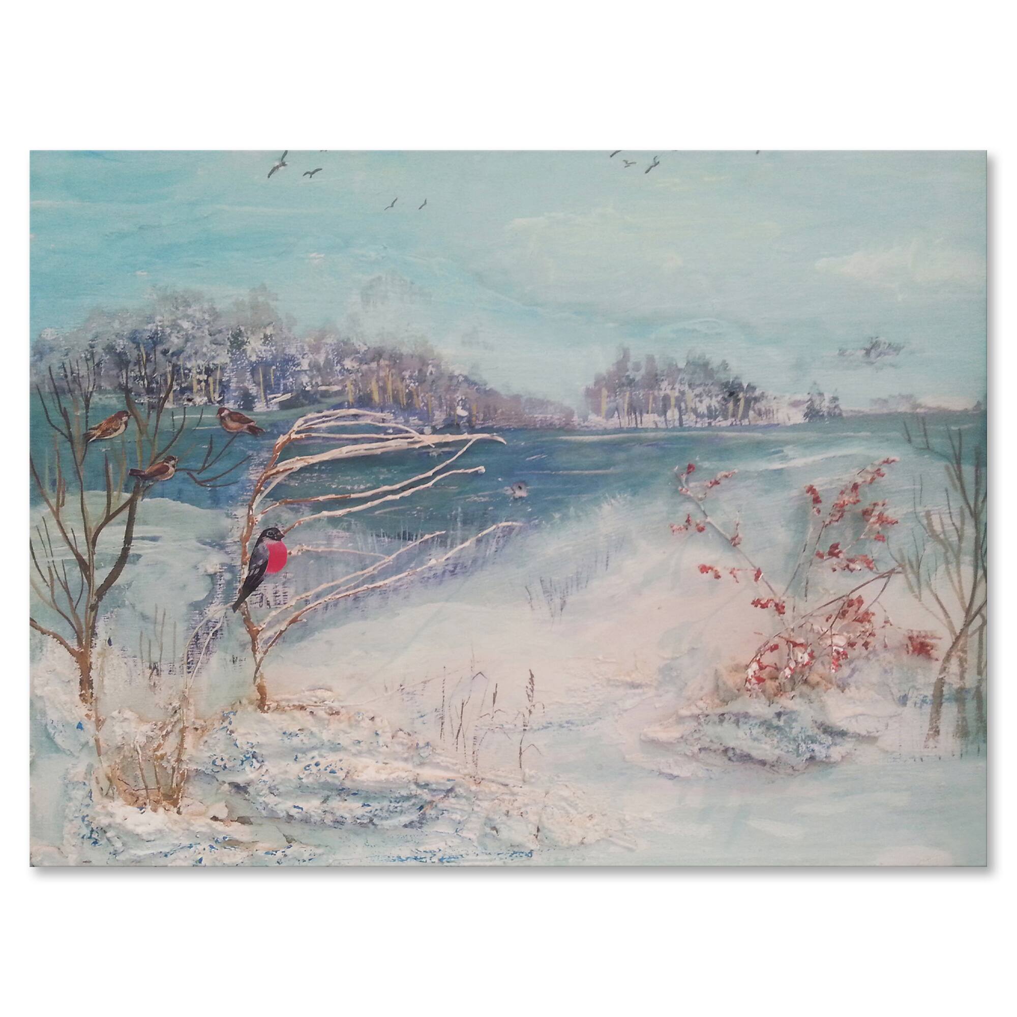 Designart - Winter Trees River and Birds - Lake House Canvas Wall Art Print