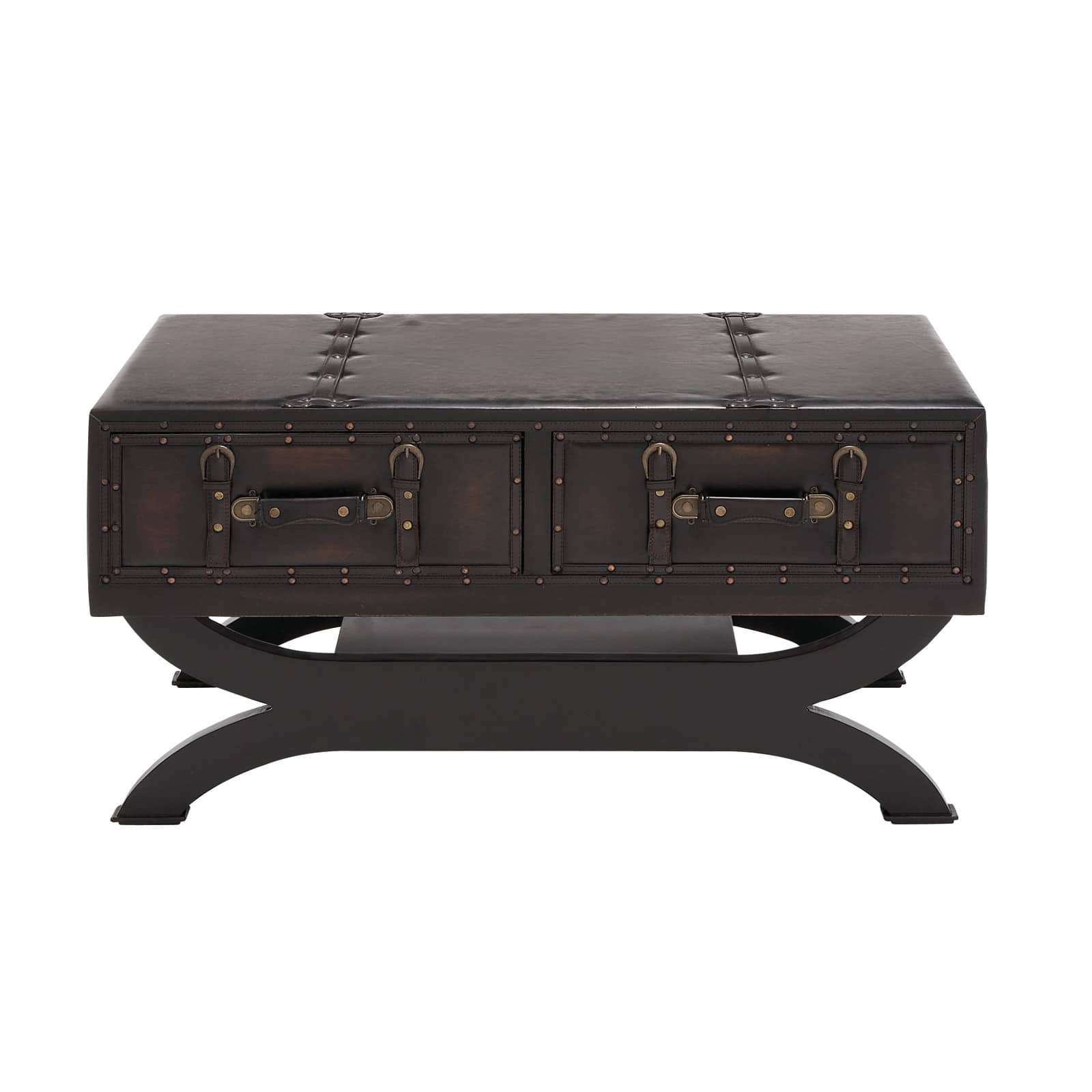 Brown Faux Leather and Wood Traditional Coffee Table, 21" x 40" x 19"